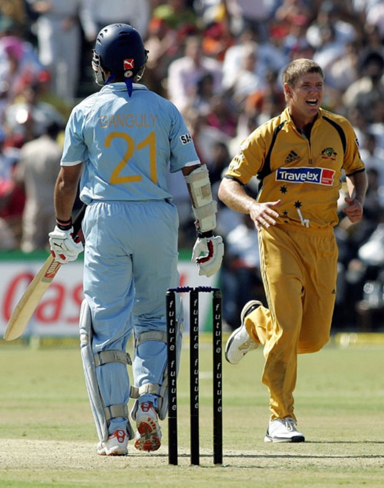 James Hopes gets the better of Sourav Ganguly, India v Australia, 4th ODI, Chandigarh, October 8, 2007