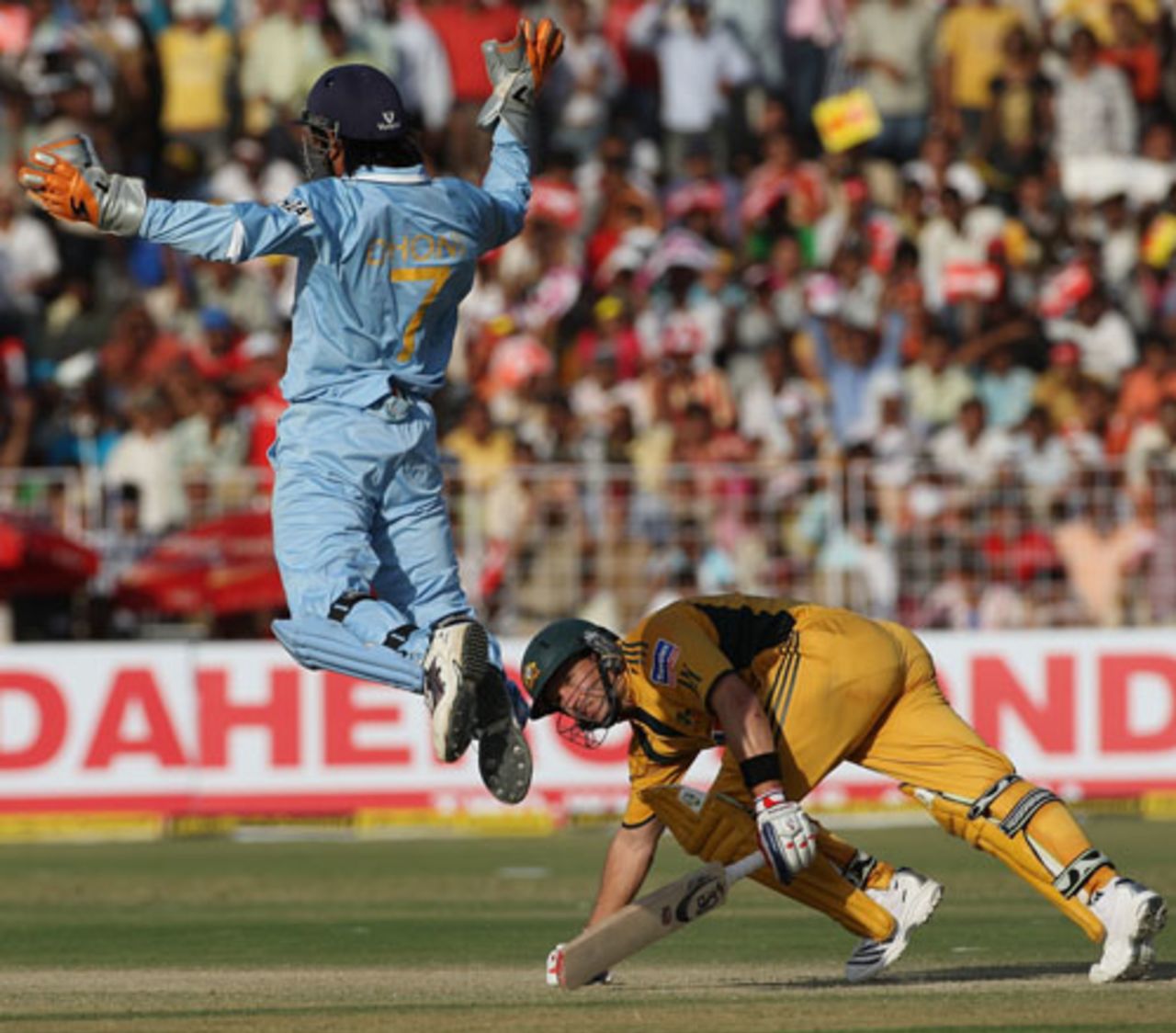 Mahendra Singh Dhoni celebrates after stumping Brad Hodge, India v Australia, 4th ODI, Chandigarh, October 8, 2007