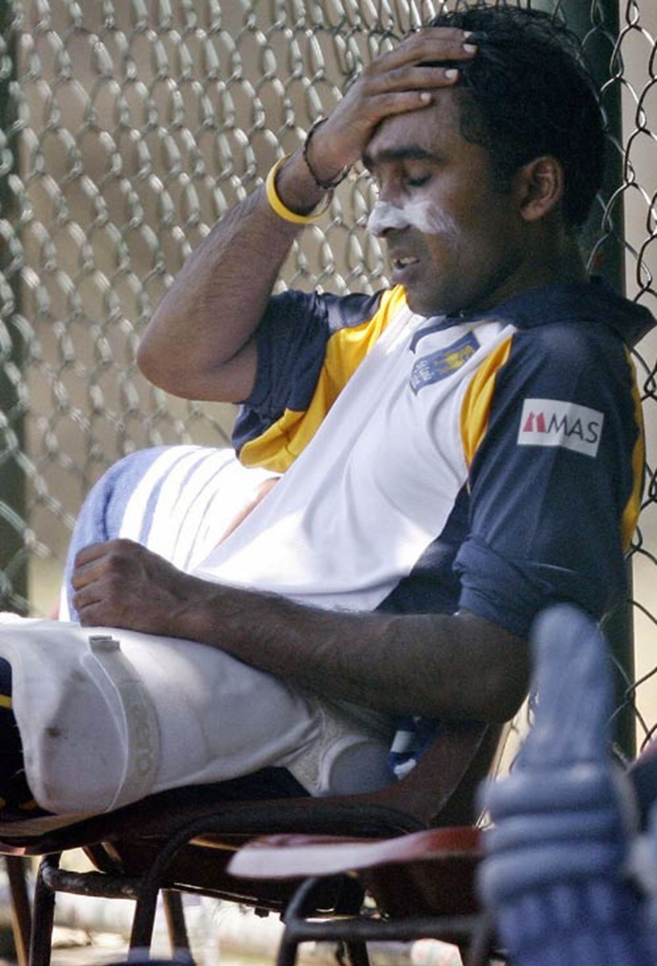 The heat is on: Mahela Jayawardene rests after batting in the nets, Colombo, October 9, 2007