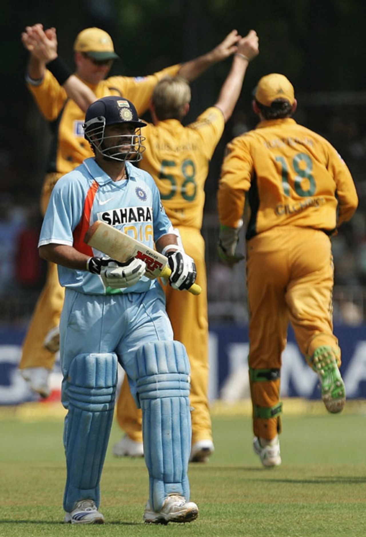 Sachin Tendulkar returns to the pavilion after scoring 47, India v Australia, 5th ODI, Vadodara, October 11, 2007 
