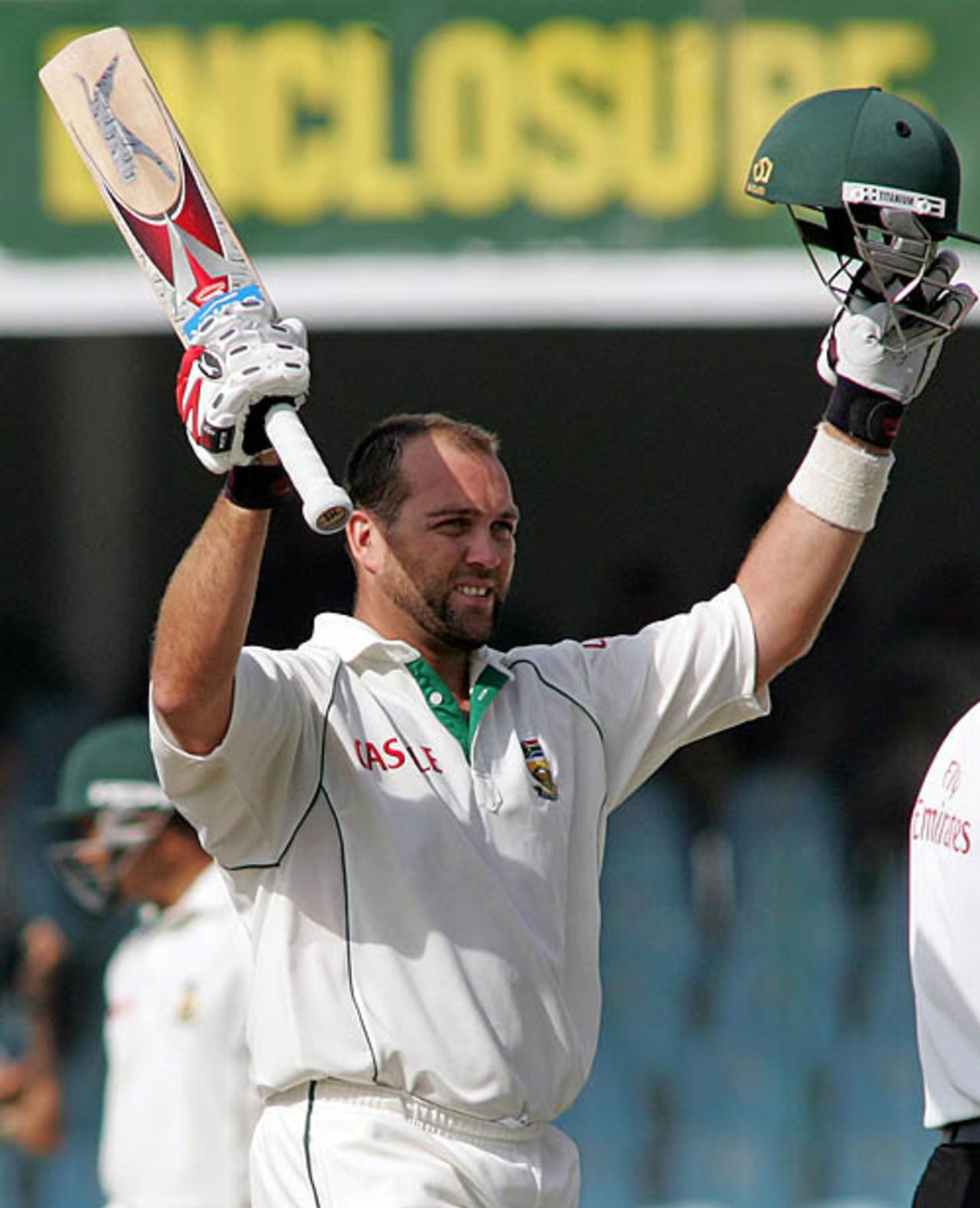 Jacques Kallis celebrates his third hundred of the series, Pakistan v South Africa, 2nd Test, Lahore, 4th day, October 11, 2007