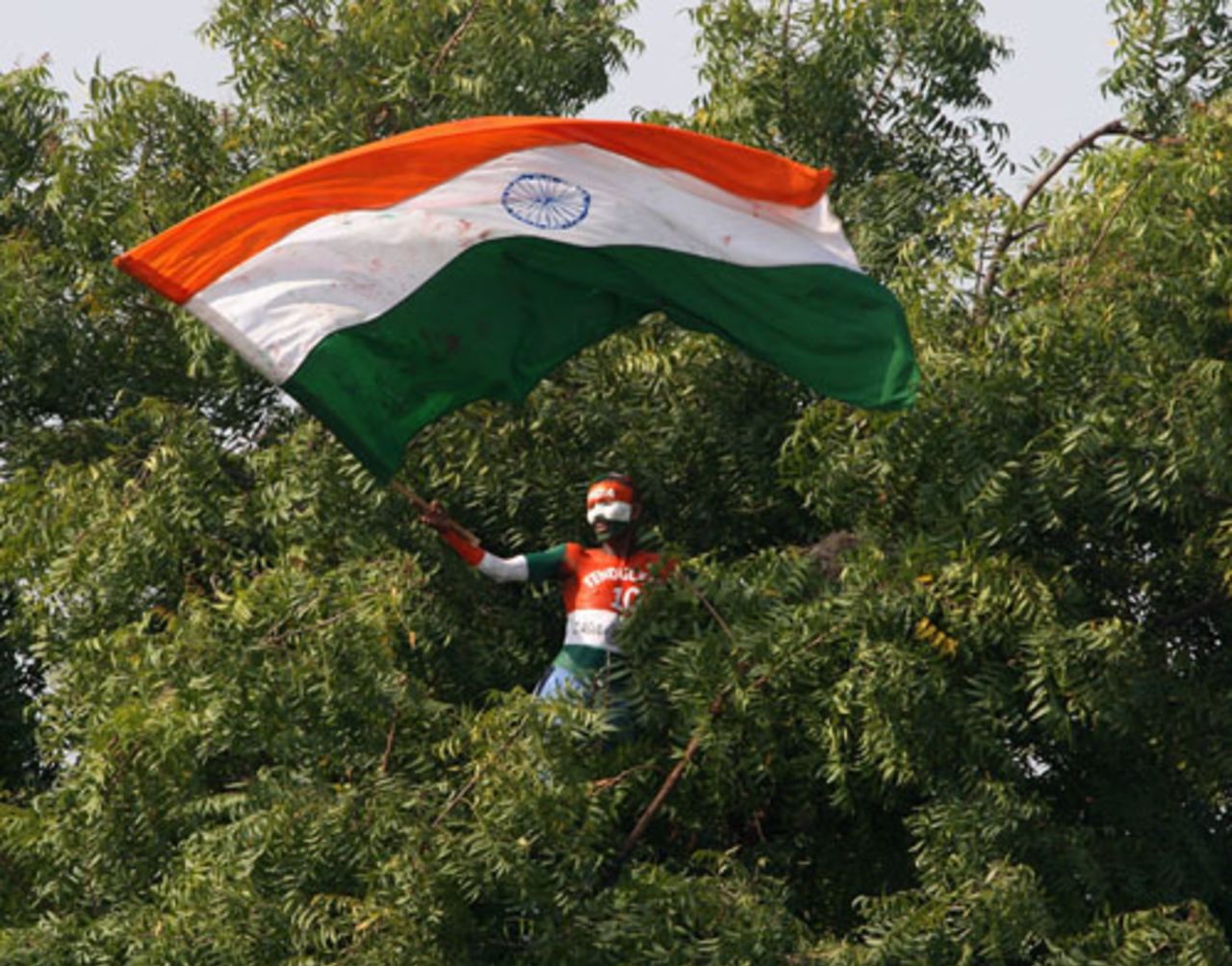 A supporter of the Indian team watches the proceedings from the top of a tree, India v Australia, 5th ODI, Vadodara, October 11, 2007 
