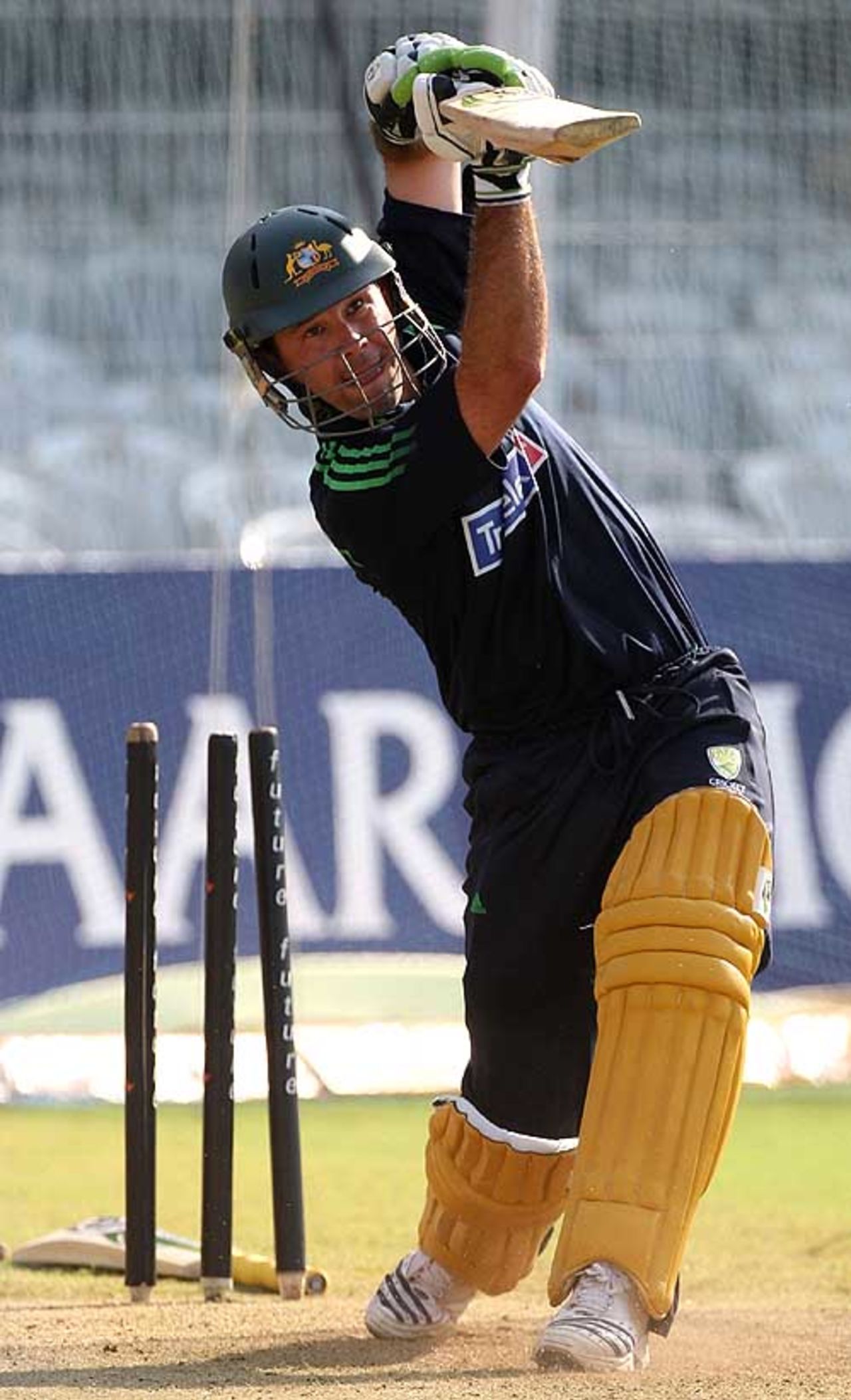 Ricky Ponting hits one straight during nets a day before the sixth ODI, Nagpur, October 13, 2007