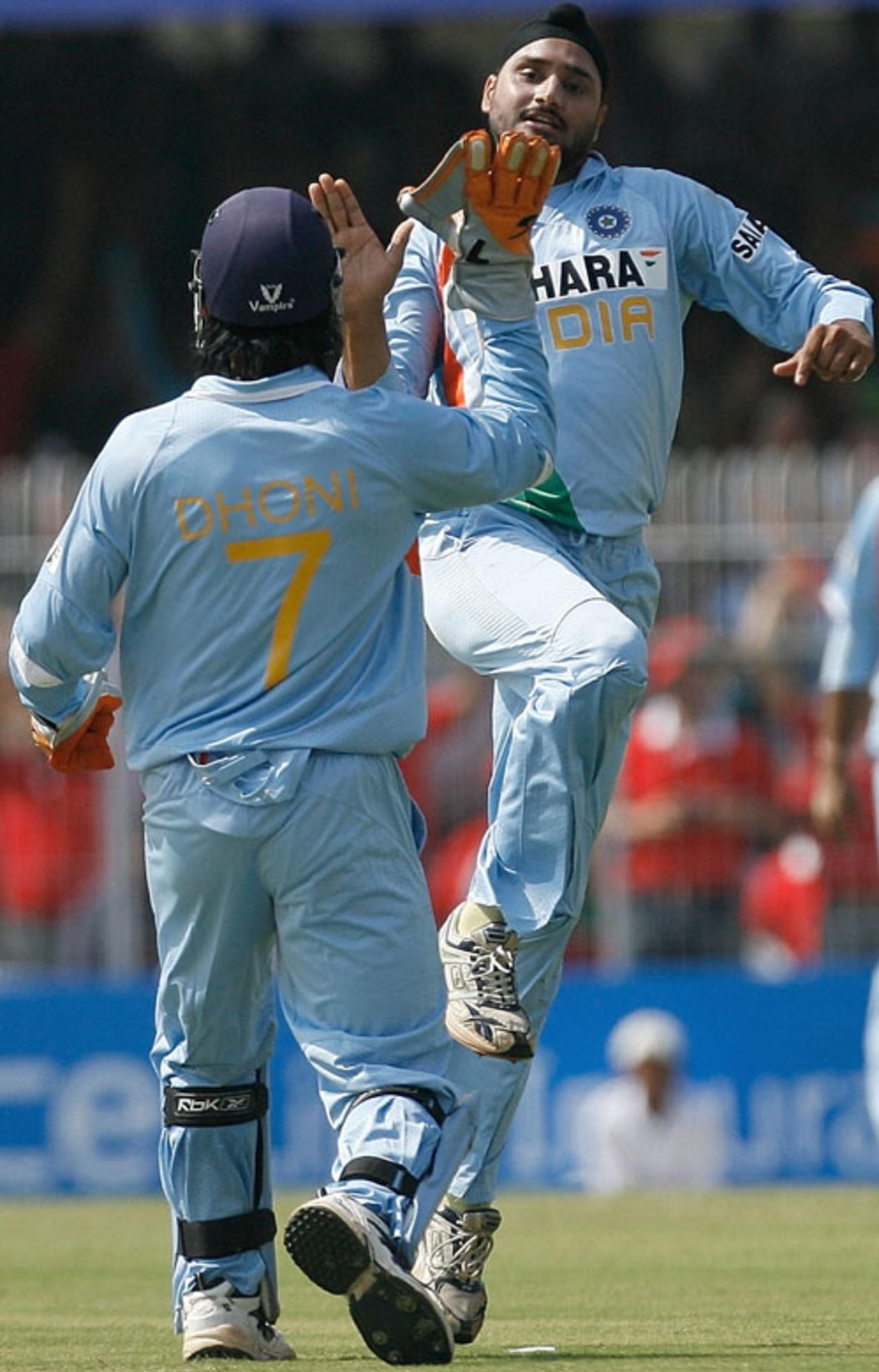 Harbhajan Singh celebrates Ricky Ponting's dismissal, India v Australia, 6th ODI, Nagpur, October 14, 2007   




