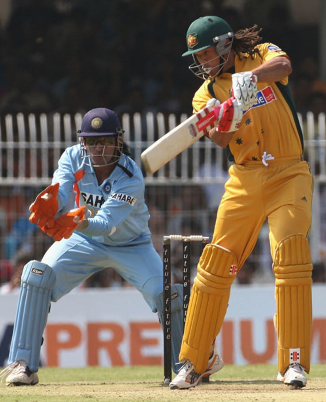 Andrew Symonds plays the ball off the back foot, India v Australia, 6th ODI, Nagpur, October 14, 2007