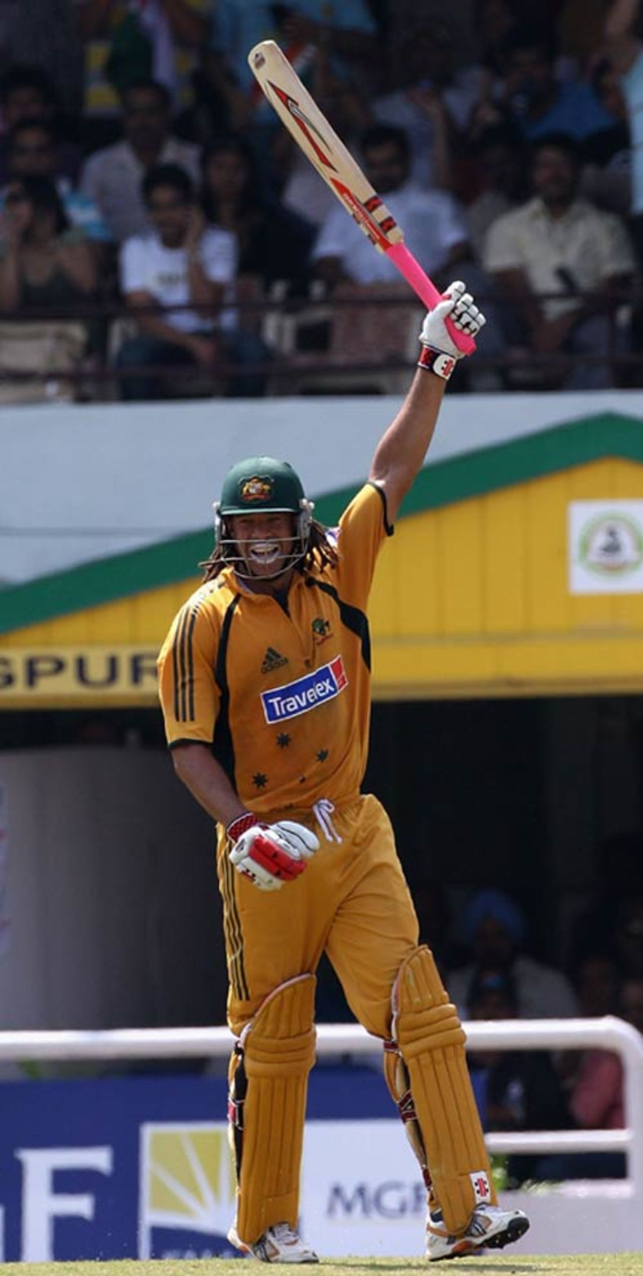 Andrew Symonds raises his bat on reaching his century, India v Australia, 6th ODI, Nagpur, October 14, 2007
