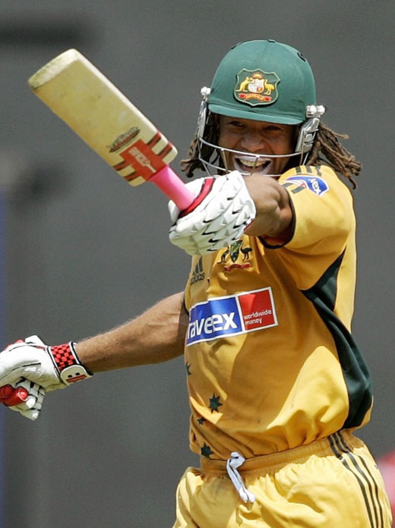 Andrew Symonds signals to his team-mates after reaching his century, India v Australia, 6th ODI, Nagpur, October 14, 2007   



