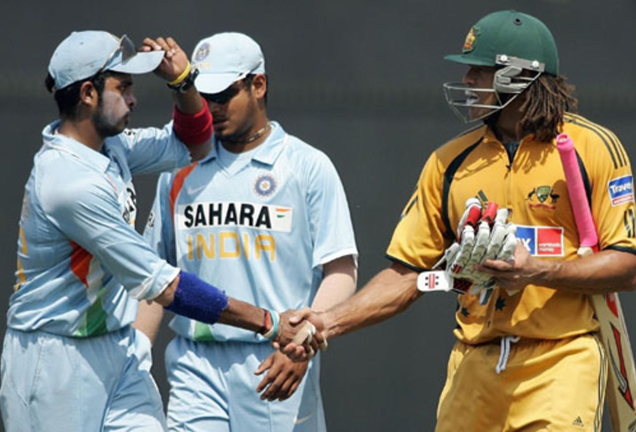 Sreesanth congratulates Andrew Symonds on his century, India v Australia, 6th ODI, Nagpur, October 14, 2007   




