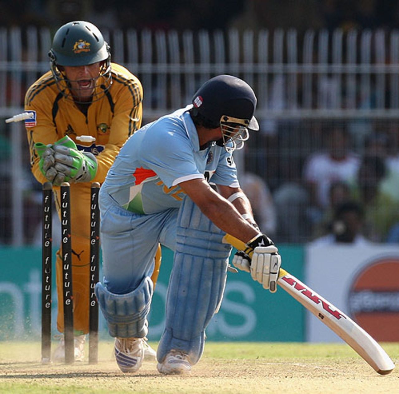 Sachin Tendulkar is stumped by Adam Gilchrist, India v Australia, 6th ODI, Nagpur, October 14, 2007   
