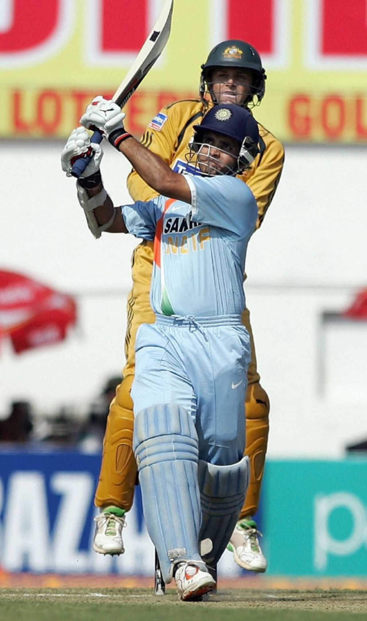 Sourav Ganguly muscles the ball during his 86, India v Australia, 6th ODI, Nagpur, October 14, 2007   



