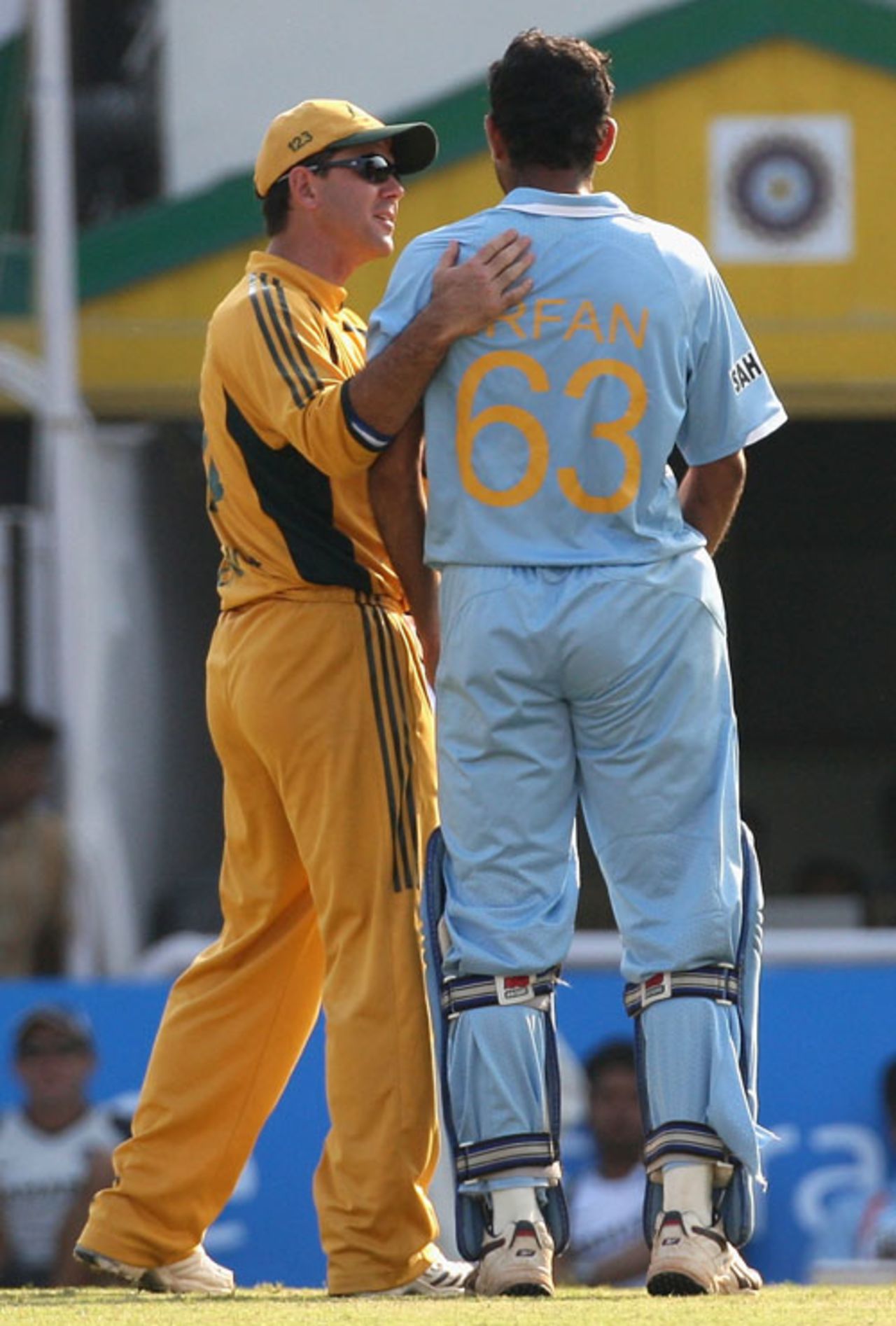 Ricky Ponting tries to calm Irfan Pathan after an altercation with Andrew Symonds, India v Australia, 6th ODI, Nagpur, October 14, 2007   



