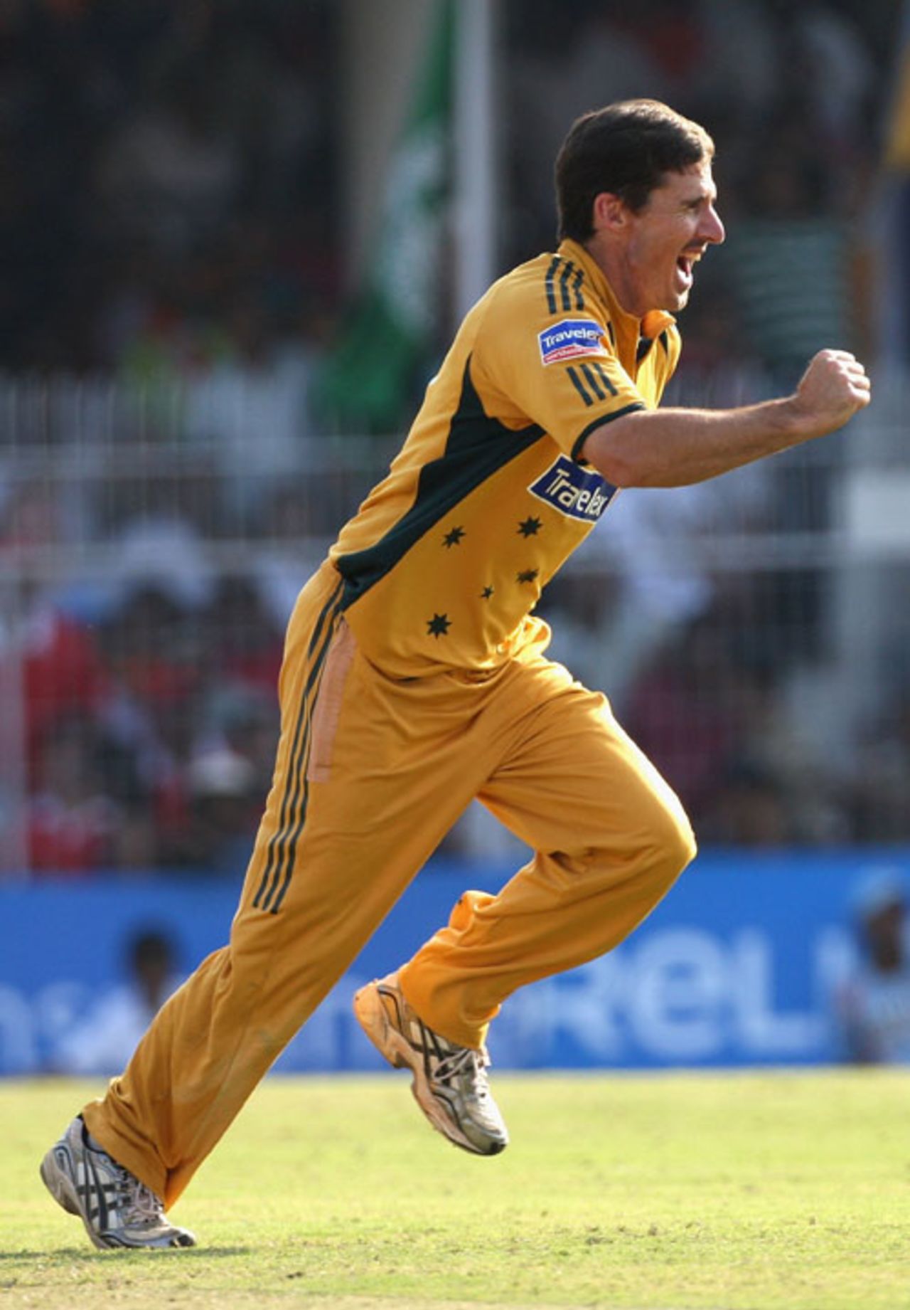Brad Hogg is ecstatic after dismissing Sourav Ganguly, India v Australia, 6th ODI, Nagpur, October 14, 2007   



