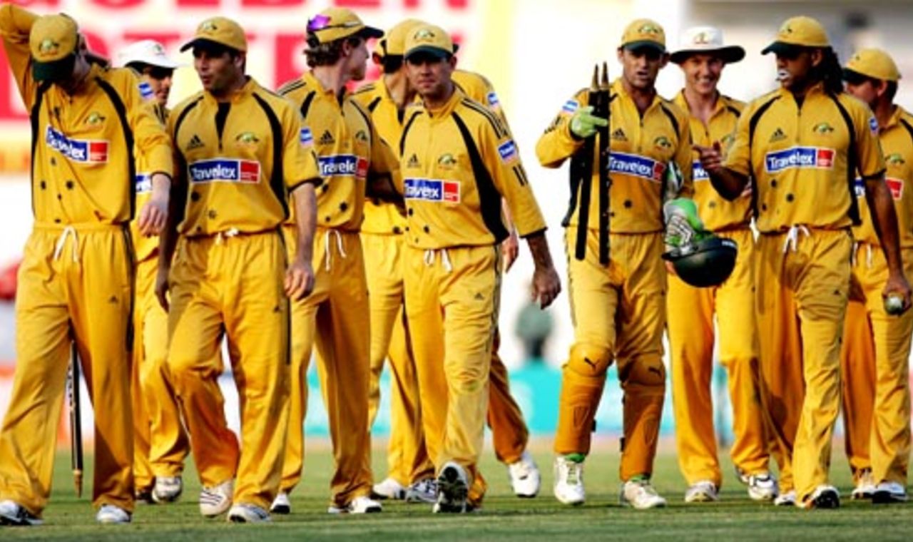 A victorious Australian team walks off the field after clinching the series, India v Australia, 6th ODI, Nagpur, October 14, 2007   




