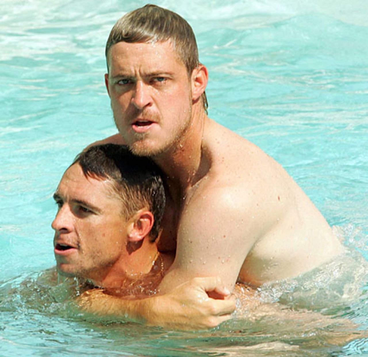 Paul Harris and Andre Nel in the pool, Lahore, October 14, 2007
