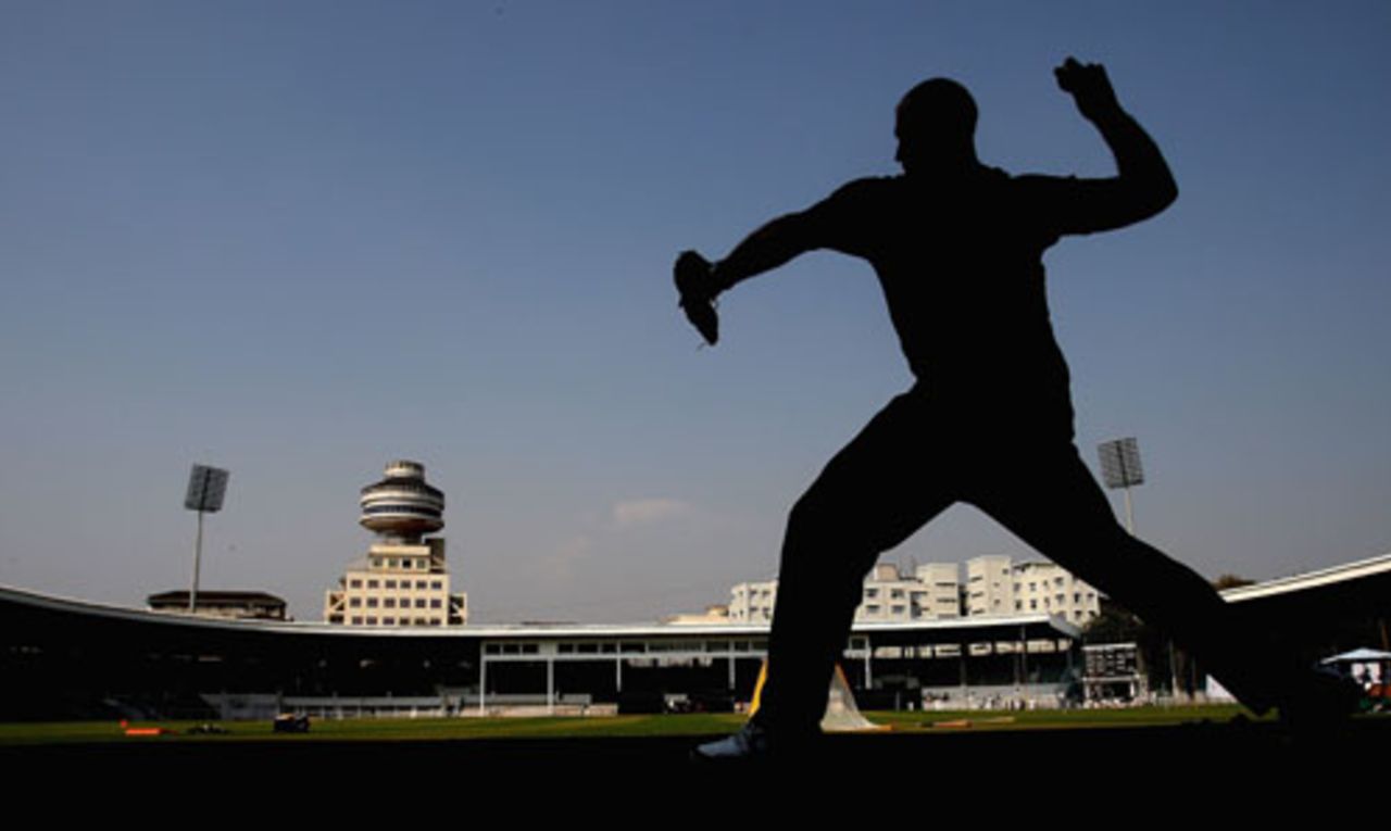 A silhouette of Matthew Hayden practising his throwing at the Brabourne Stadium, October 16, 2007