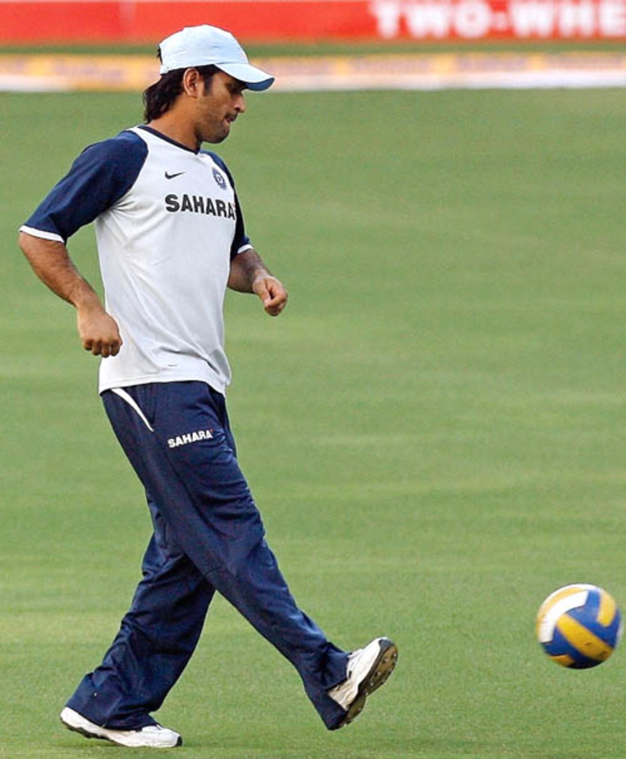 Mahendra Singh Dhoni plays football during practice at the Wankhede Stadium, Mumbai, October 16, 2007