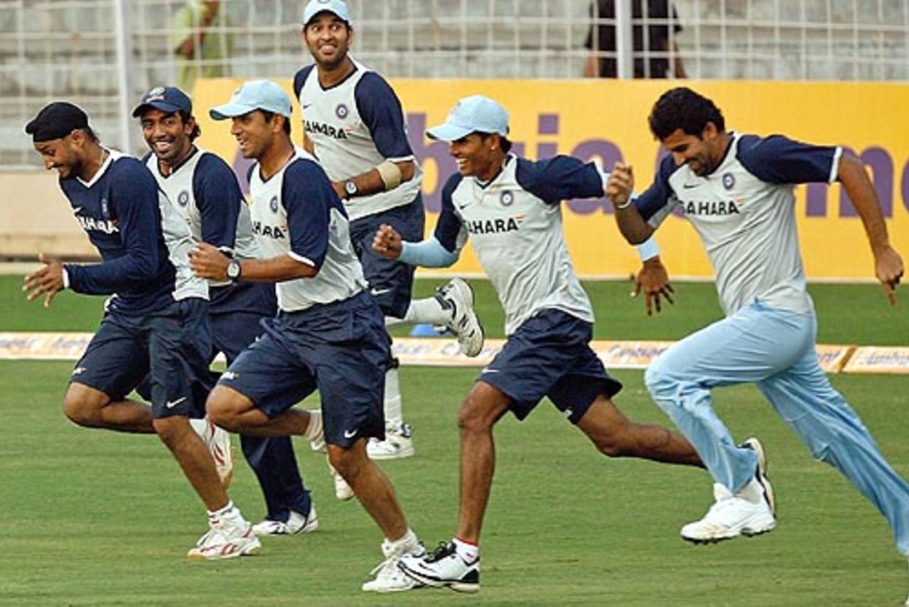 The Indian players compete in a race during their training session at the Wankhede Stadium, Mumbai, October 16, 2007