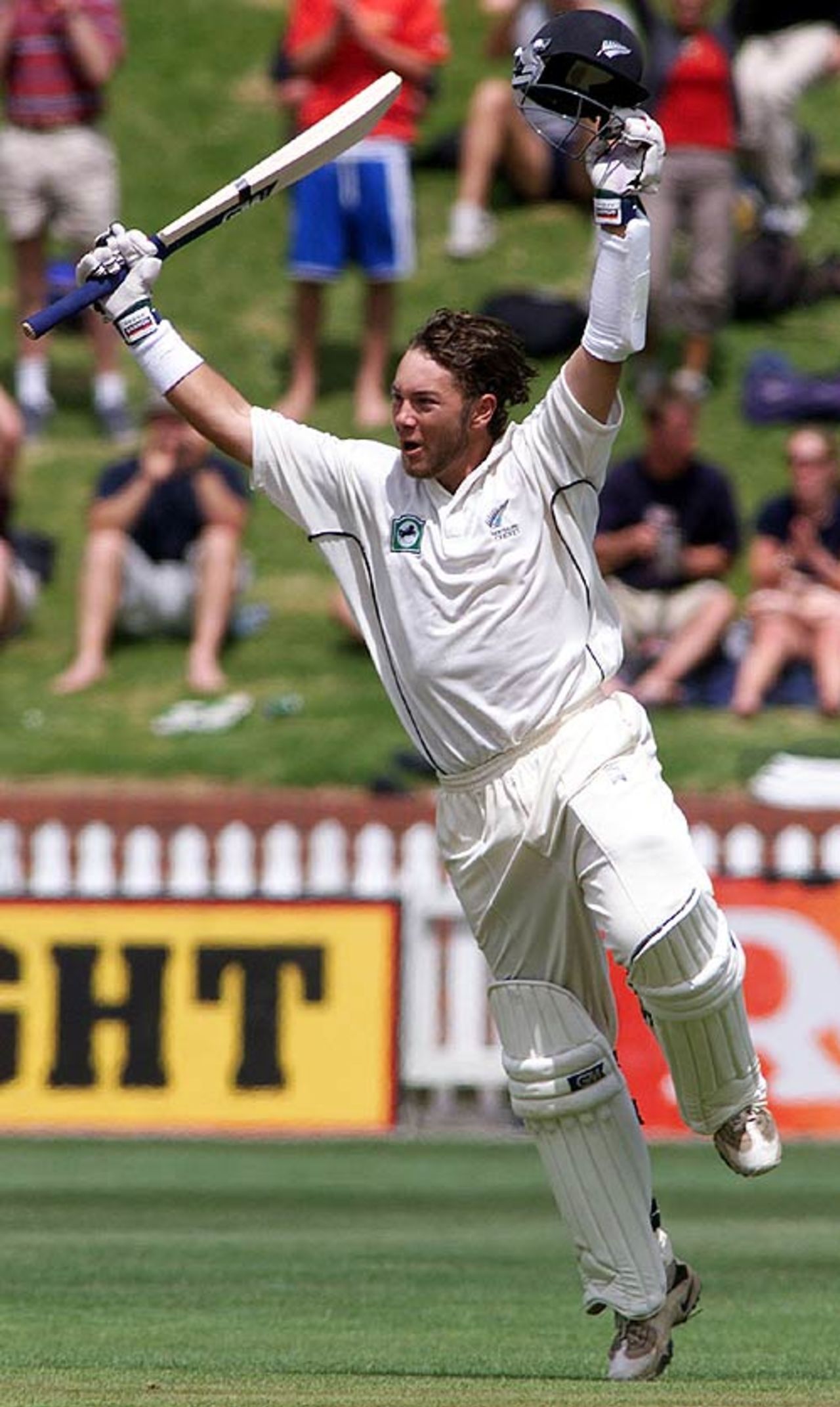 Craig McMillan celebrates his century, New Zealand v Zimbabwe, Wellington, December 27, 2000