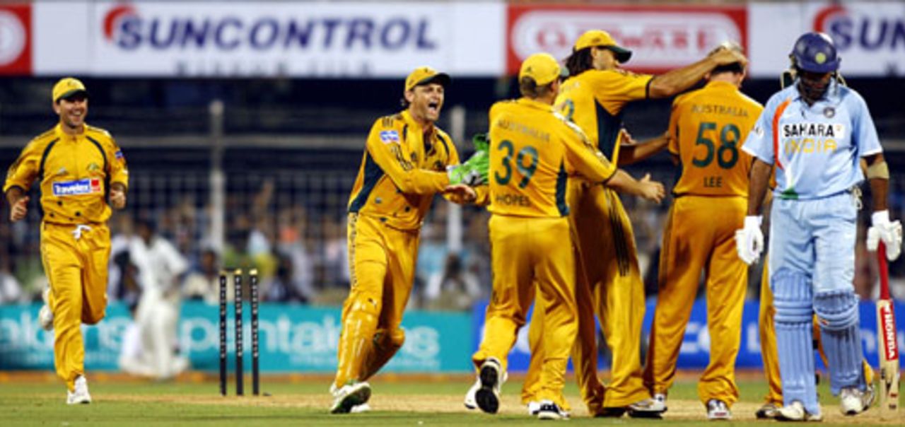 The Australian players celebrate the fall of Sachin Tendulkar, India v Australia, 7th ODI, Mumbai, October 17, 2007