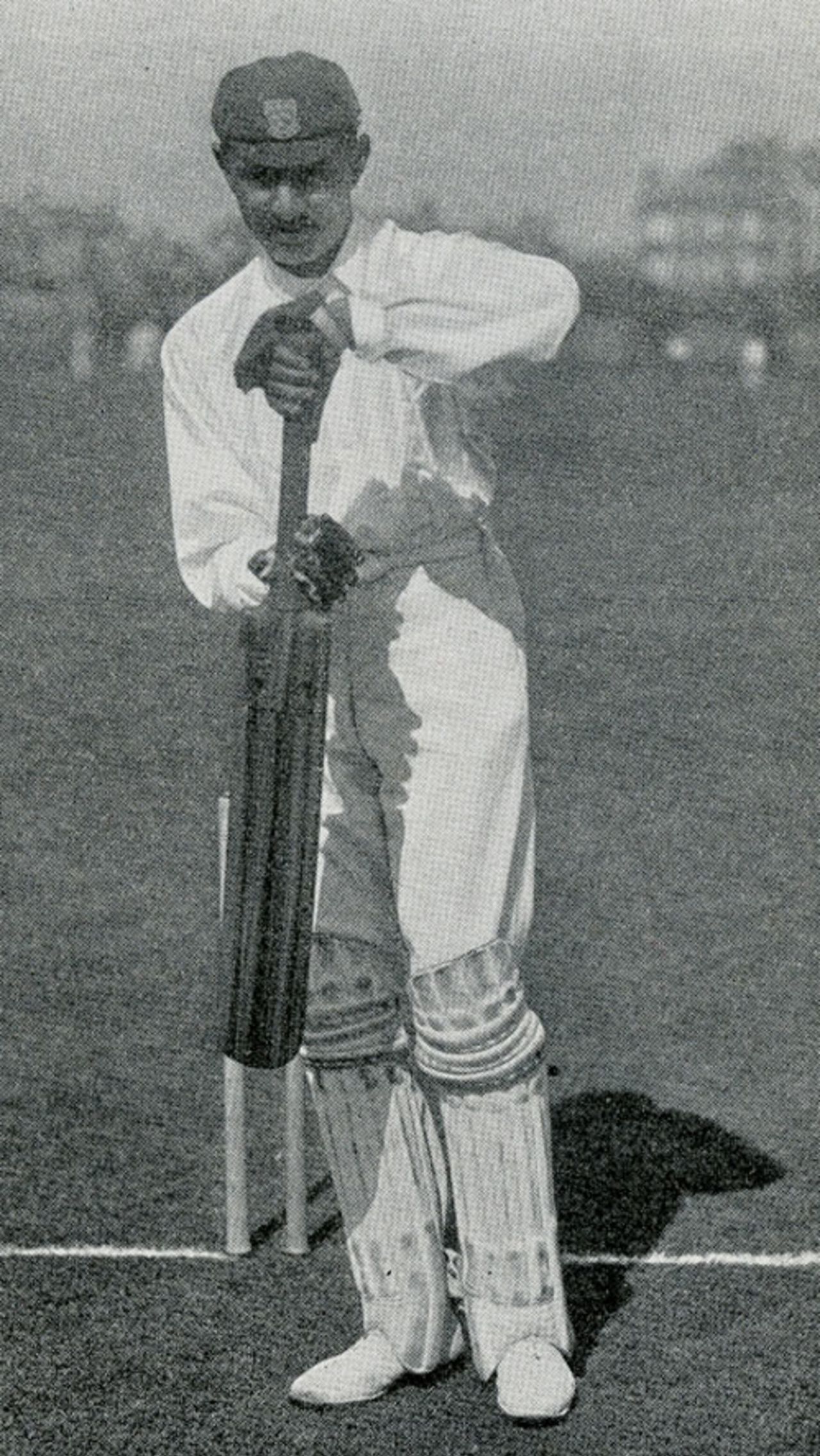 K S Ranjitsinhji displays a backward defensive shot in his <I>Jubilee Book Of Cricket,/I> in 1897