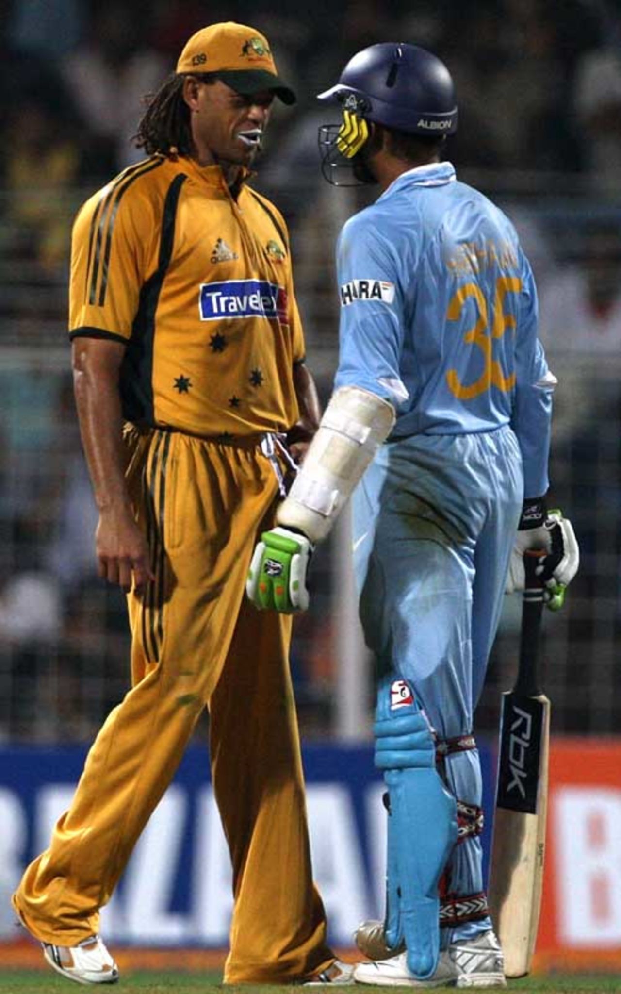 Andrew Symonds and Harbhajan Singh share a few words, India v Australia, 7th ODI, Mumbai, October 17, 2007