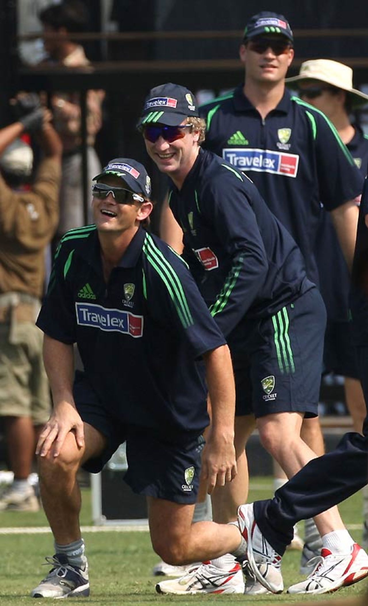 Adam Gilchrist and Brad Haddin look amused during training, Mumbai, October 19, 2007