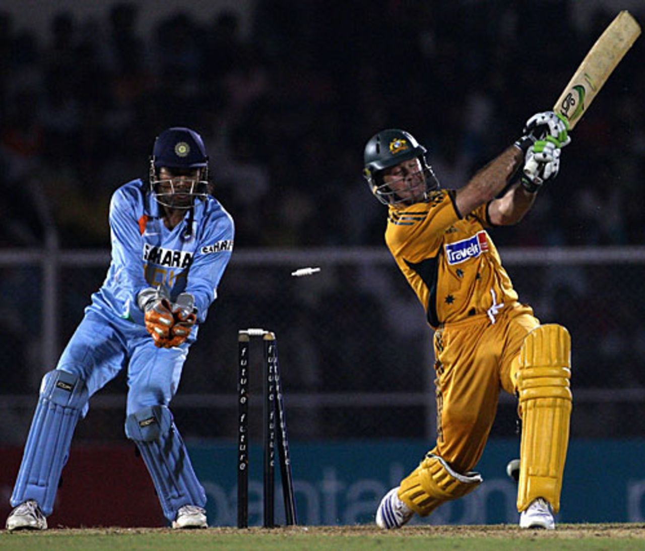 Ricky Ponting has his leg stump pegged back, India v Australia, Twenty20 international, Mumbai, October 20, 2007