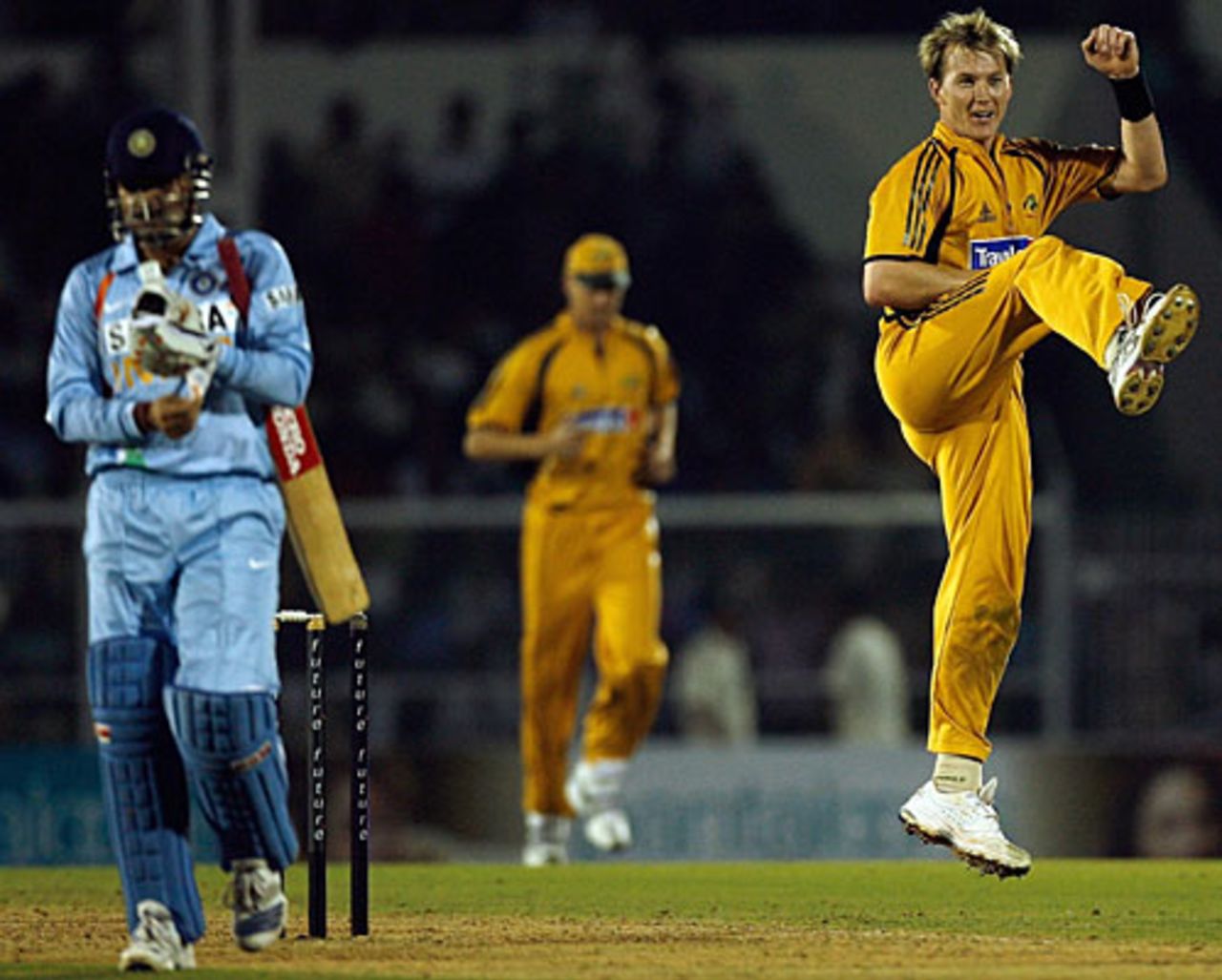 Brett Lee celebrates after dismissing Virender Sehwag, India v Australia, Twenty20 international, Mumbai, October 20, 2007