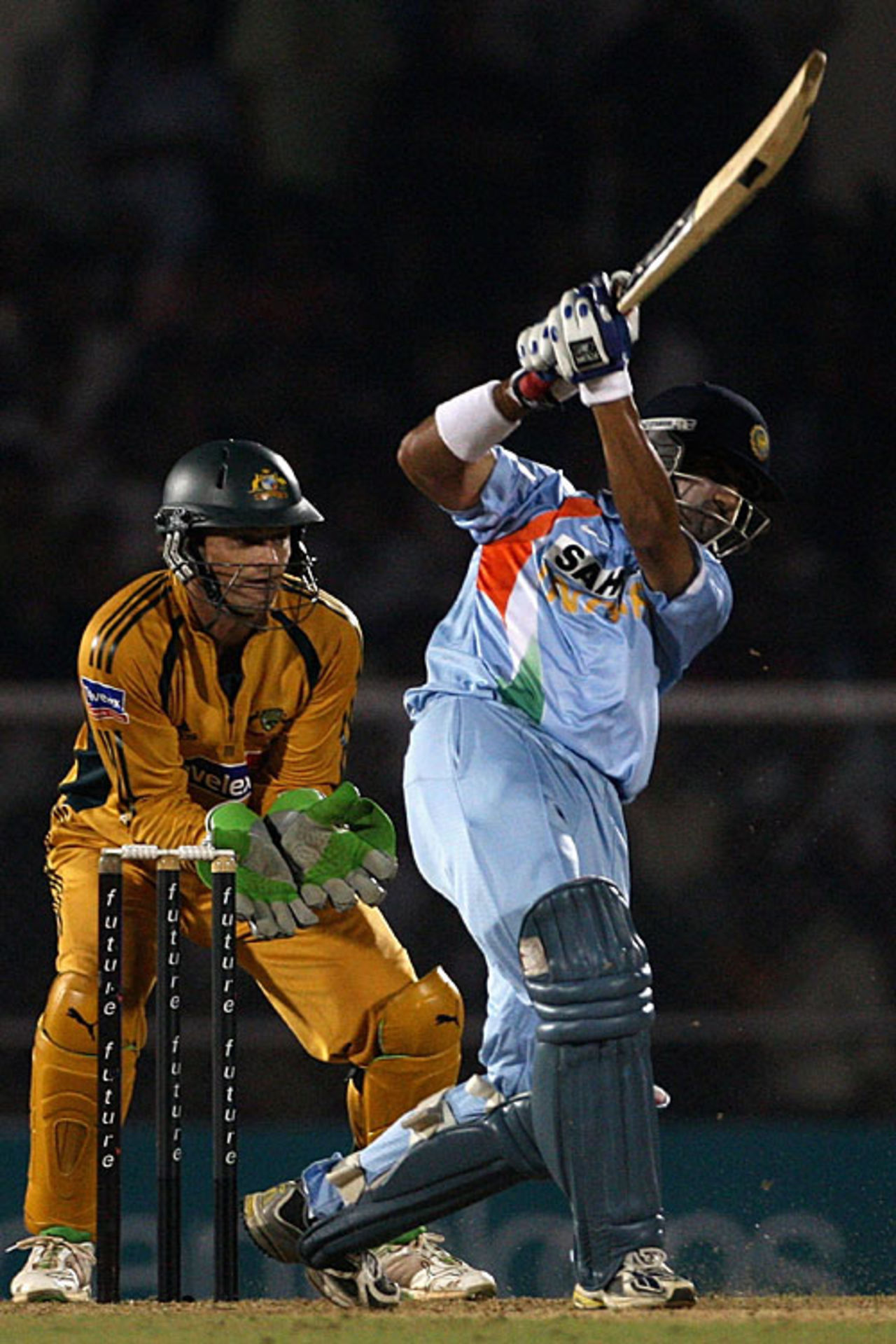 Gautam Gambhir drives during his fifty, India v Australia, Twenty20 international, Mumbai, October 20, 2007