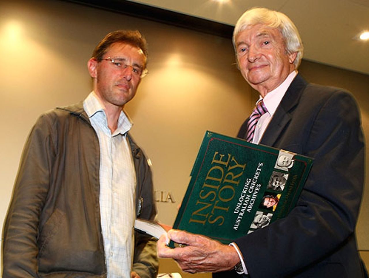 Gideon Haigh and Richie Benaud at the launch of <i>Inside Cricket: Unlocking Australian Cricket's Archives</i>, Melbourne, October 22, 2007