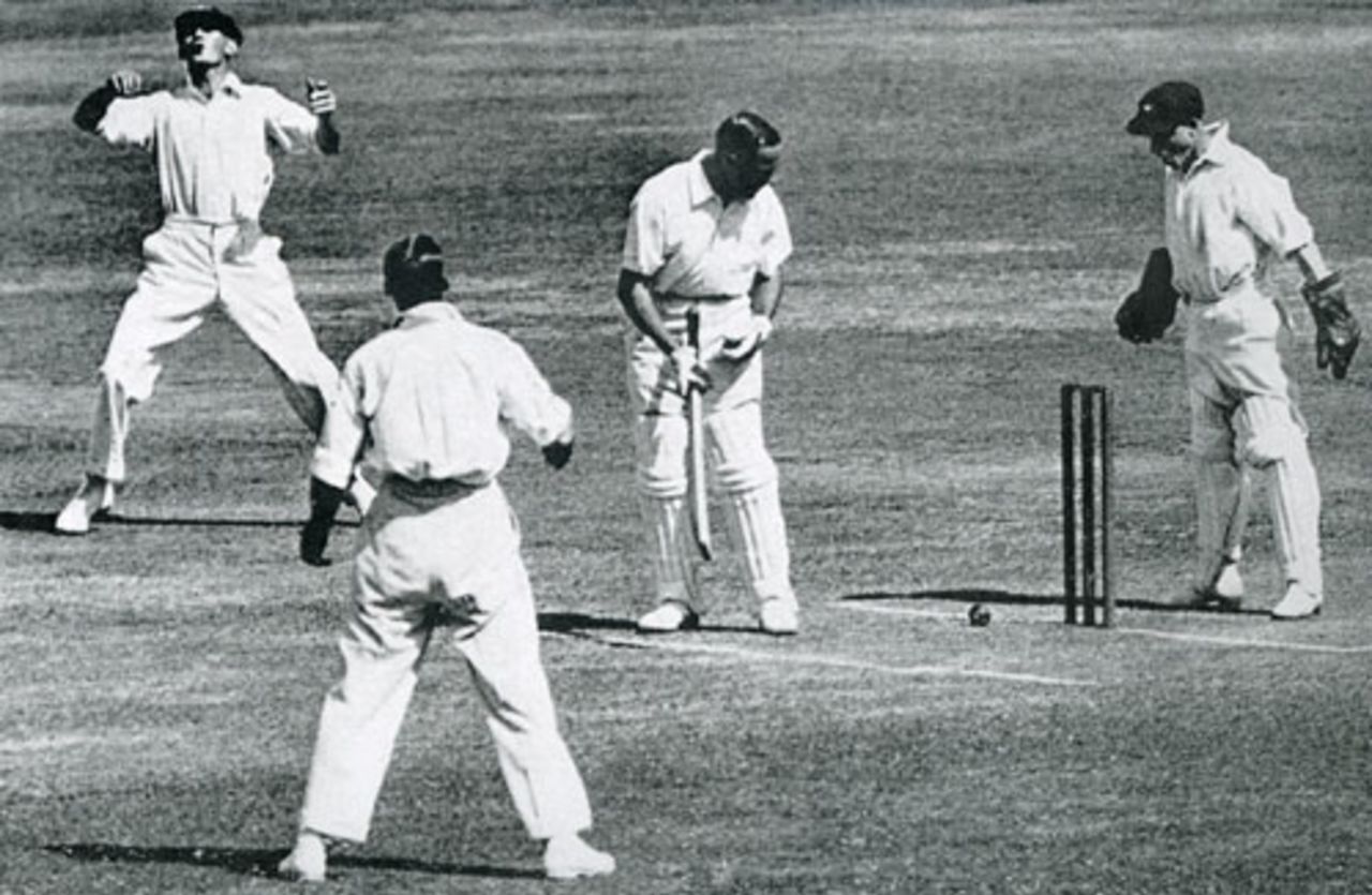 Herbert Sutcliffe has a lucky escape as the ball thumps into the stumps without dislodging a bail, Australia v England, SCG, 1st Test,  December 3, 1932