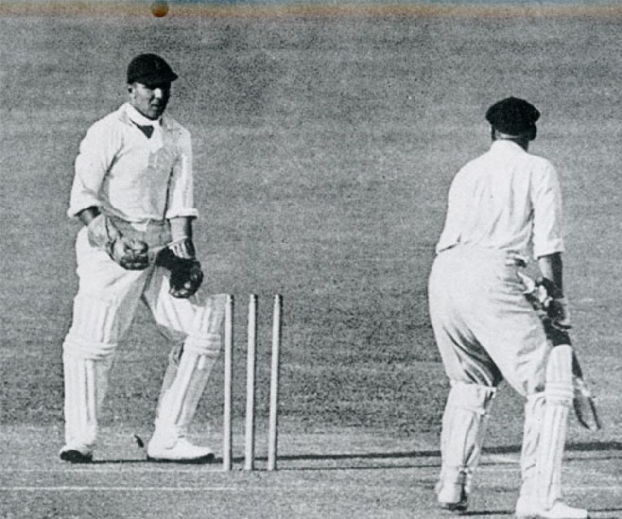 Bill Woodfull is bowled by Tommy Mitchell as Les Ames looks on, Australia v England, 4th Test, Brisbane, February 10, 1933