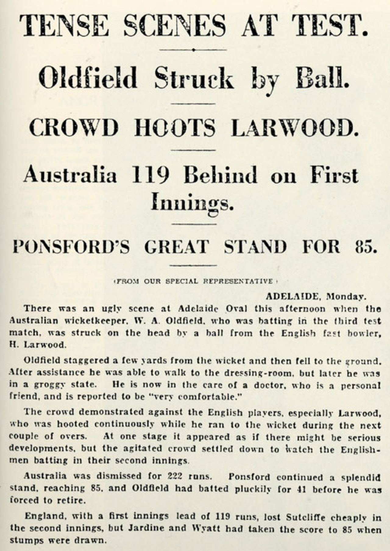 Newspaper coverage of the third day of the Adelaide Test, Australia v England, 3rd Test, Adelaide, January 17, 1933