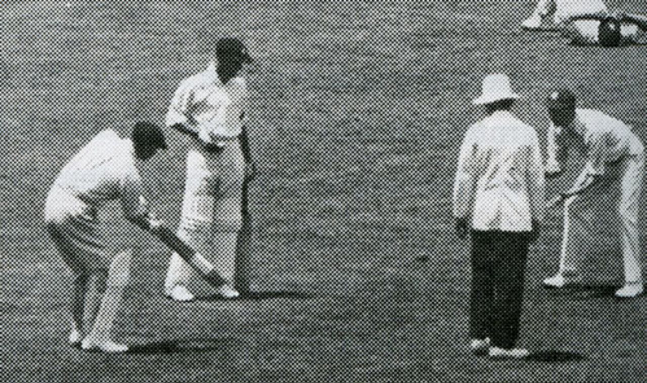 Douglas Jardine lobs the ball to Bill Woodfull to get the shine off it after the seam on the original went after a few overs, Australia v England, 2nd Test, Melbourne, December 30, 1932