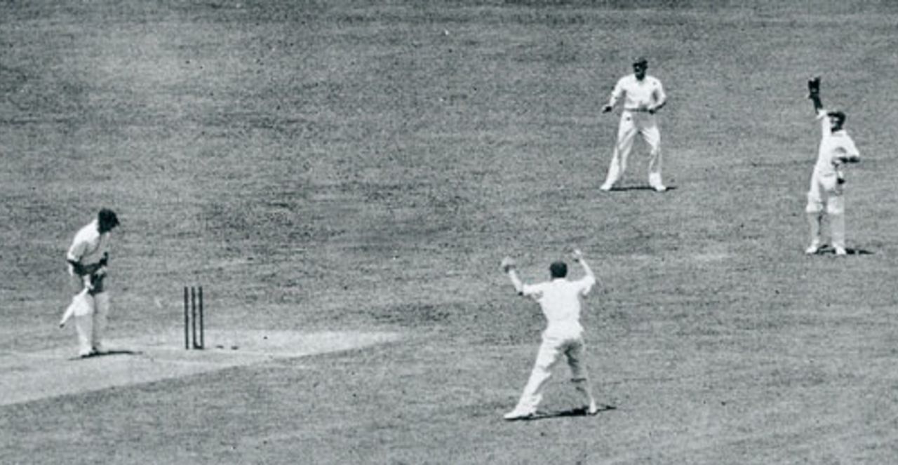 Bill Woodfull is bowled by Gubby Allen for 10, England v Australia, 2nd Test, Melbourne, December 30, 1932