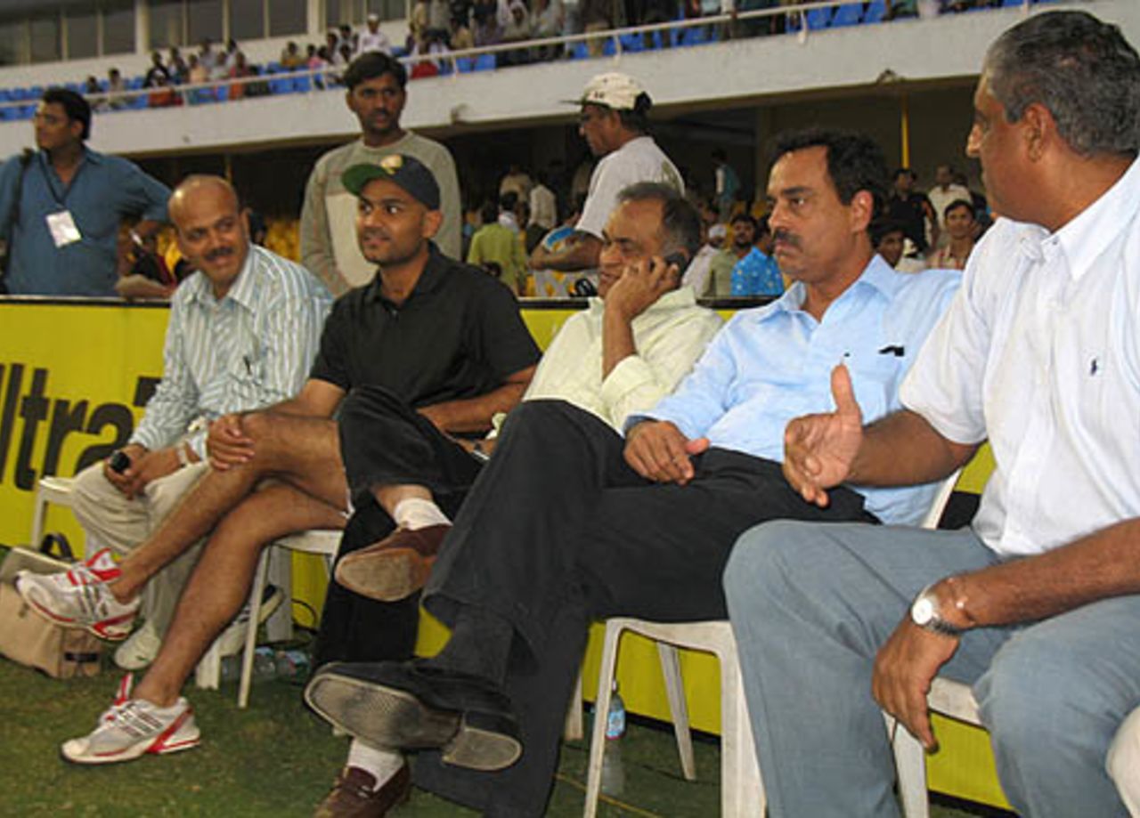 Virender Sehwag sits alongside the national selectors, India Blue v India Green, 3rd match, Challenger Trophy, Ahmedabad, October 27, 2007