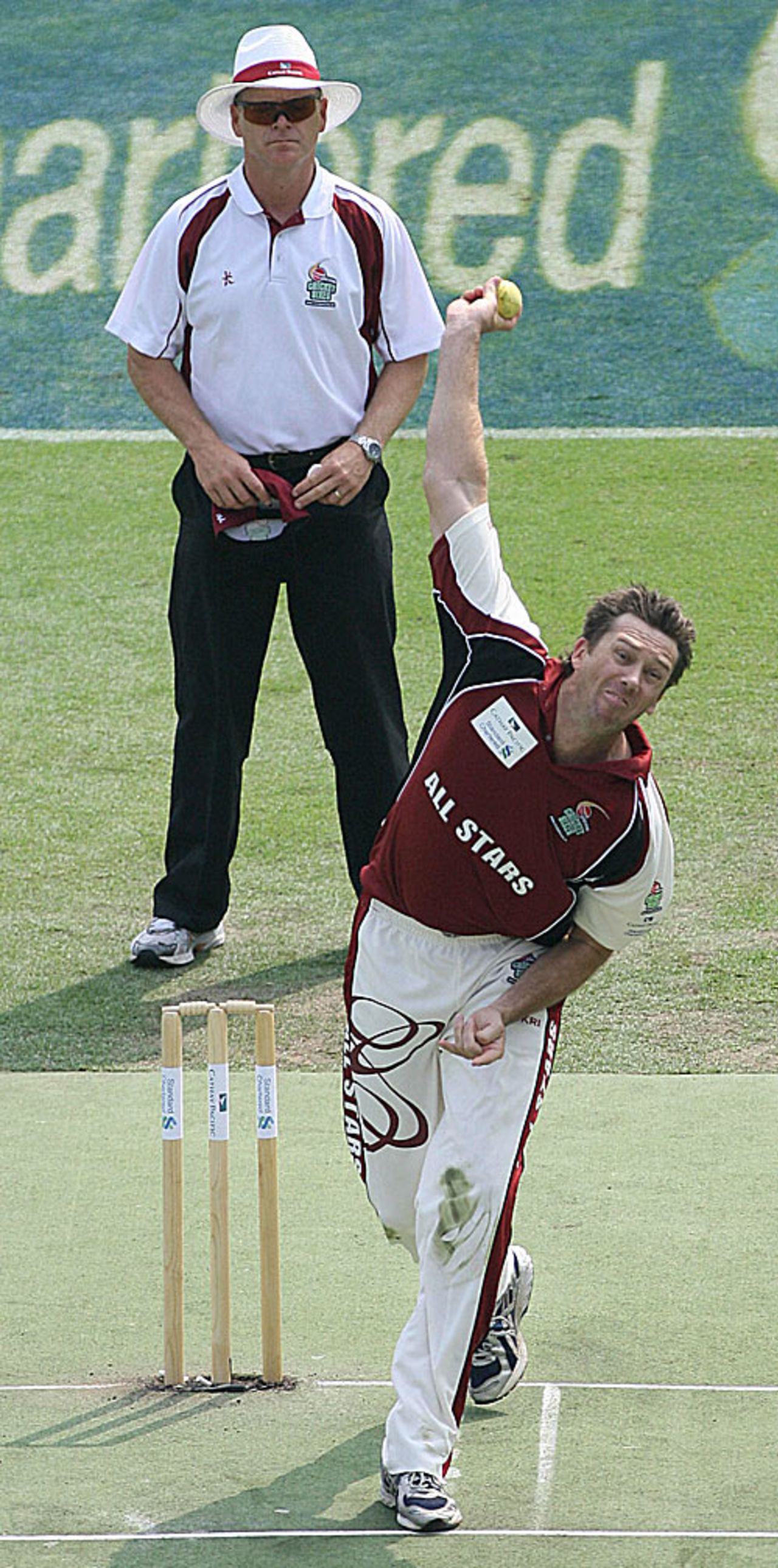 Glenn McGrath, playing for the All Stars in the Hong Kong sixes, sends down another delivery, Kowloon Cricket Club, October 28, 2007