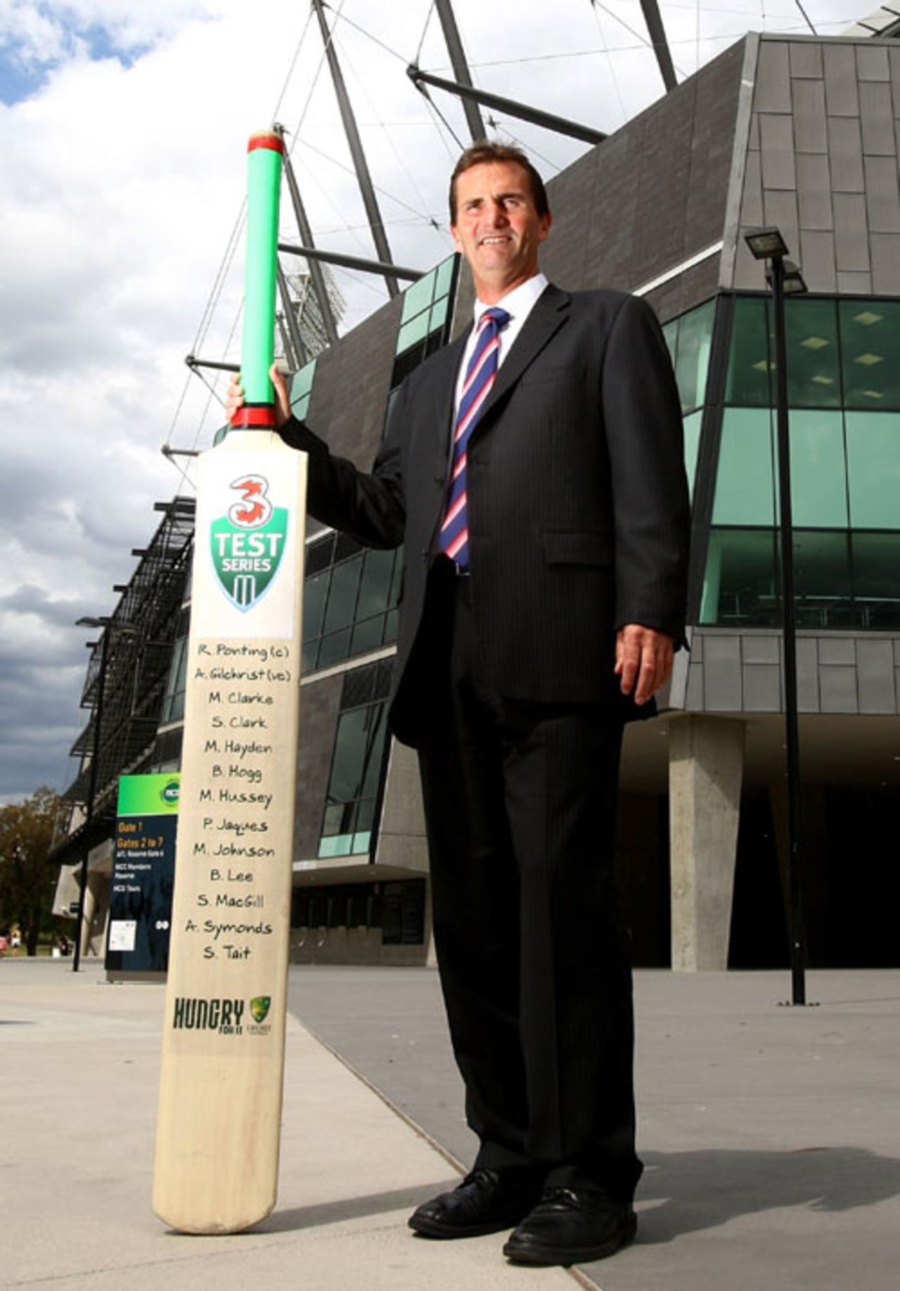 Andrew Hilditch, the chairman of selectors, with a bat which bears the names of the Australian squad members for the first Test against Sri Lanka at the Gabba, November 1, 2008