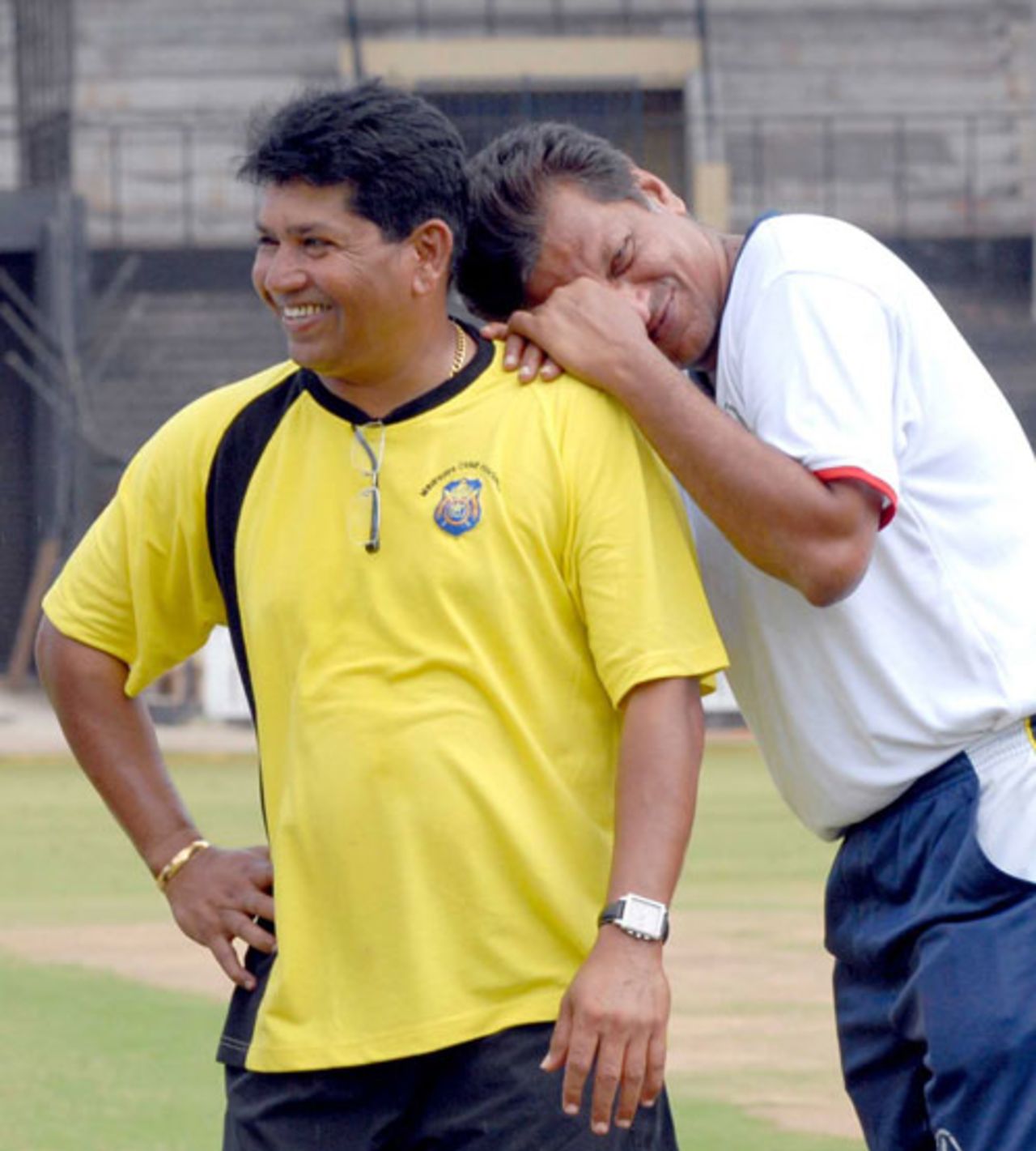 Chandrakant Pandit and WV Raman, former India players now coaching Maharashtra and Tamil Nadu respectively, have found something funny at the training session on the eve of their match, Tamil Nadu v Maharashtra, Ranji Trophy Super League, 1st round, Chennai, November 2, 2007