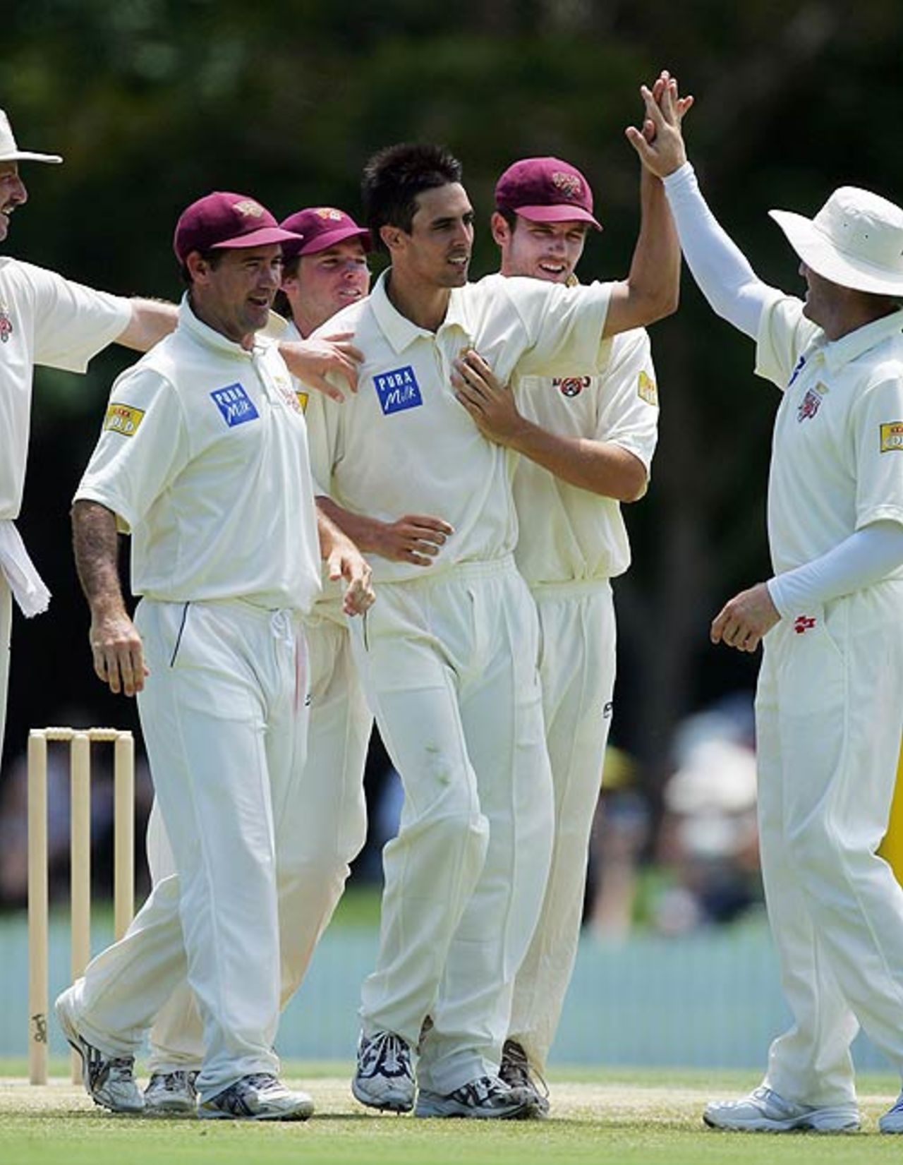 Mitchell Johnson's team-mates congratulate him on a wicket, Queensland v Sri Lankans, 3rd day, Brisbane, November 4, 2007