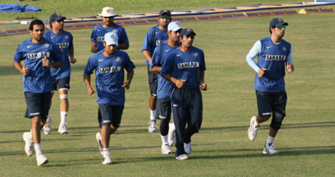 The India squad do the rounds during a warm-up session on the eve of the first ODI, Guwahati, November 4, 2007