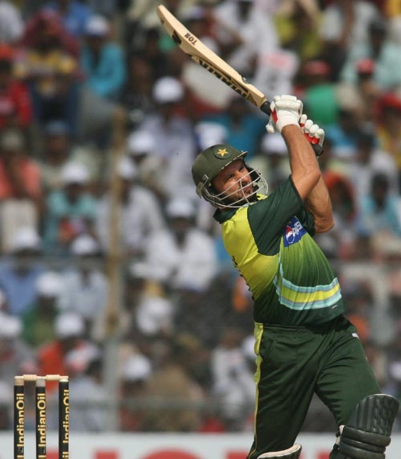 Shahid Afridi hits the ball to the long-on boundary during his 31 off 32 balls, India v Pakistan, 1st ODI, Guwahati, November 5, 2007