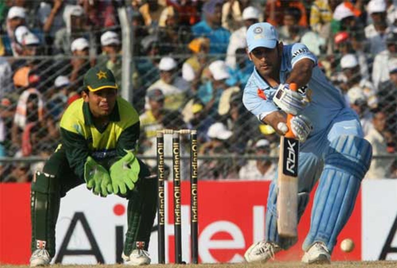 MS Dhoni plays one defensively while top-scoring for India, India v Pakistan, 1st ODI, Guwahati, November 5, 2007