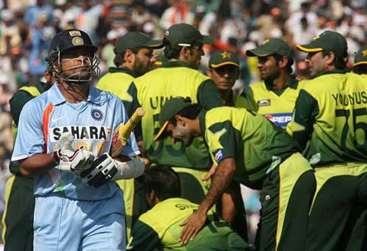 Sachin Tendulkar walks off after being dismissed leg-before by Shoaib Akhtar, India v Pakistan, 1st ODI, Guwahati, November 5, 2007