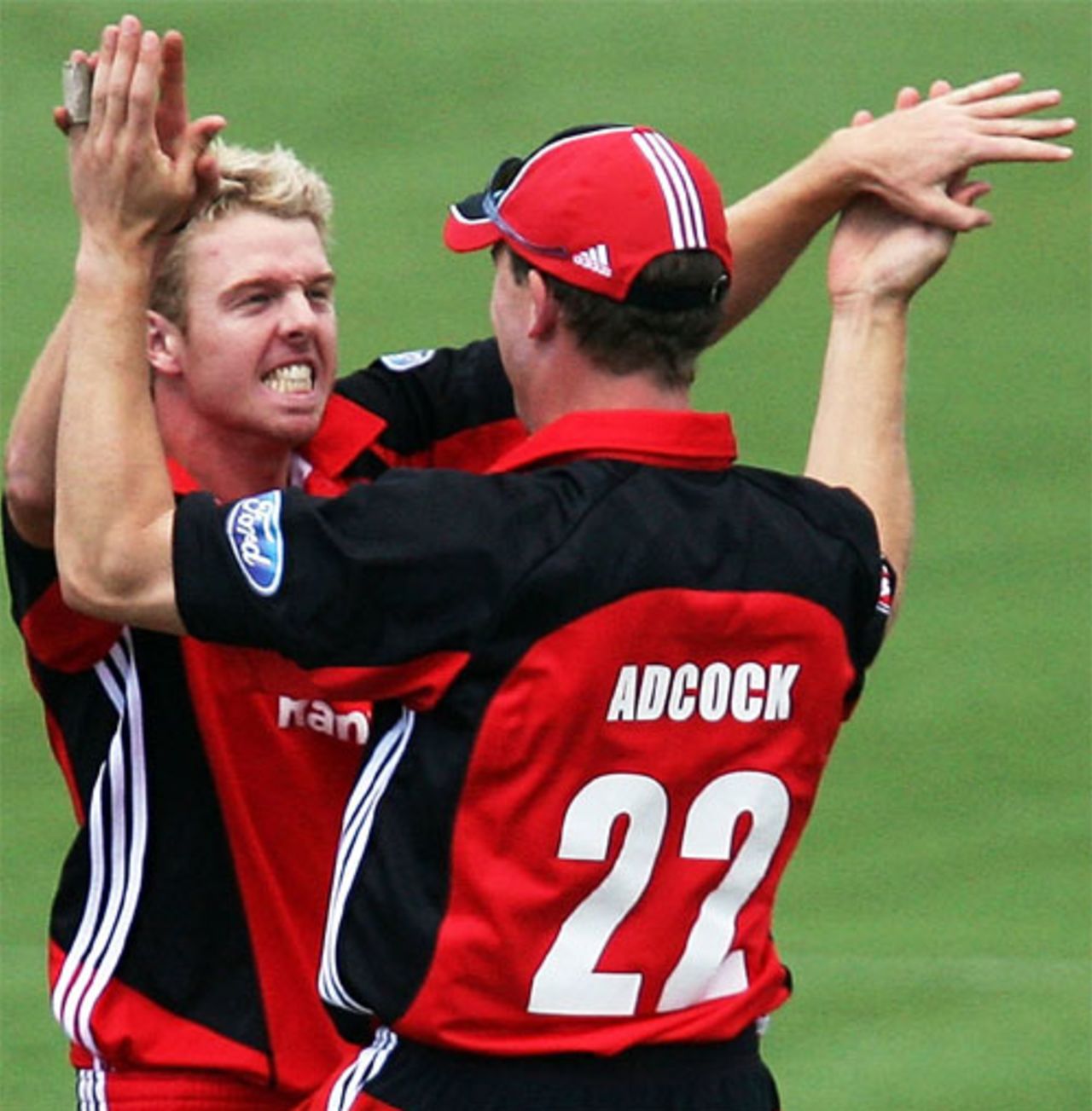 Dan Cullen celebrates with his captain Nathan Adcock as he takes one of his three wickets, South Australia v New South Wales, Adelaide, November 7, 2007