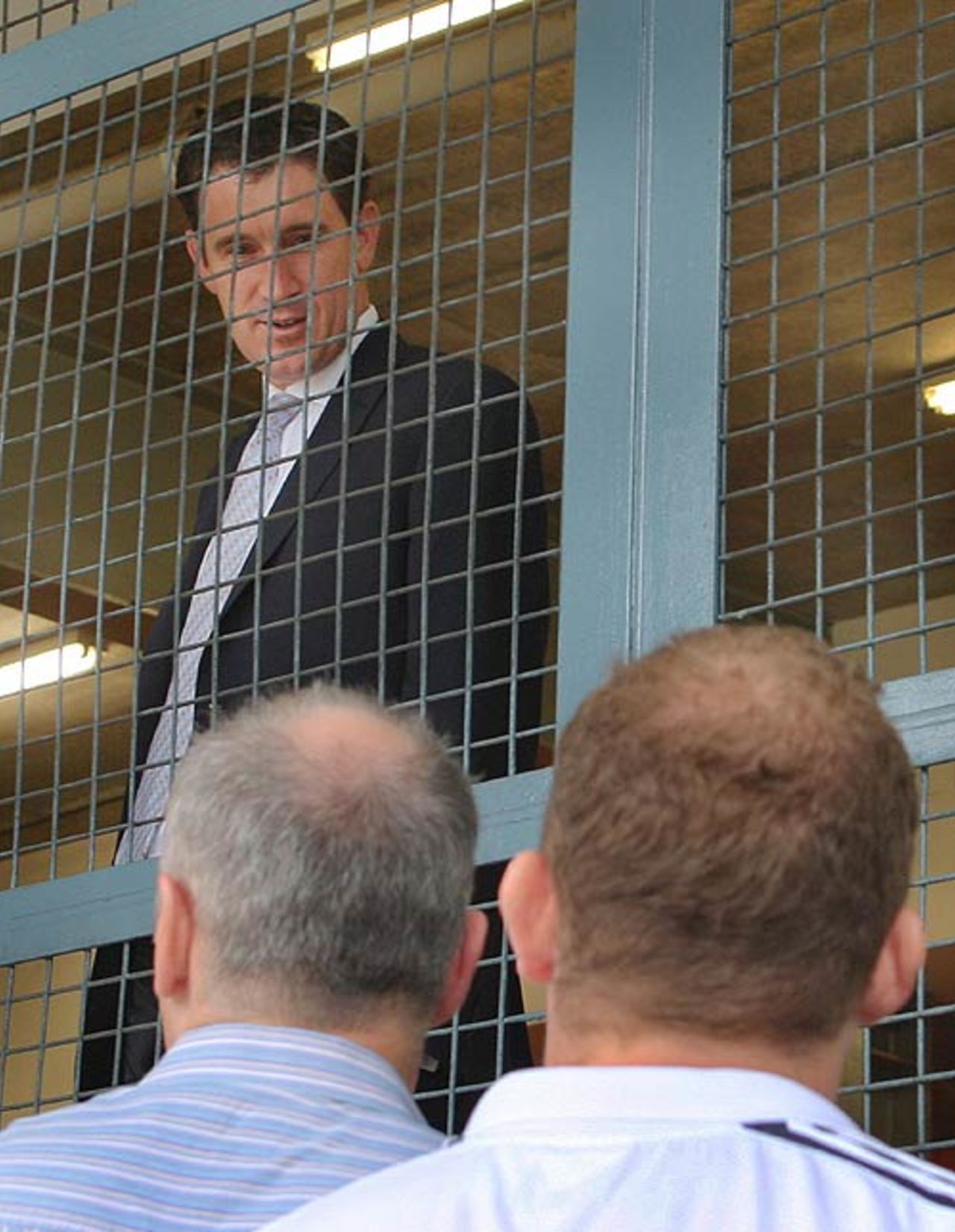 James Sutherland chats to News Ltd journalists who were locked out of the Gabba due to a dispute with Cricket Australia, Australia v Sri Lanka, 1st Test, Brisbane, 1st day, November 8, 2007