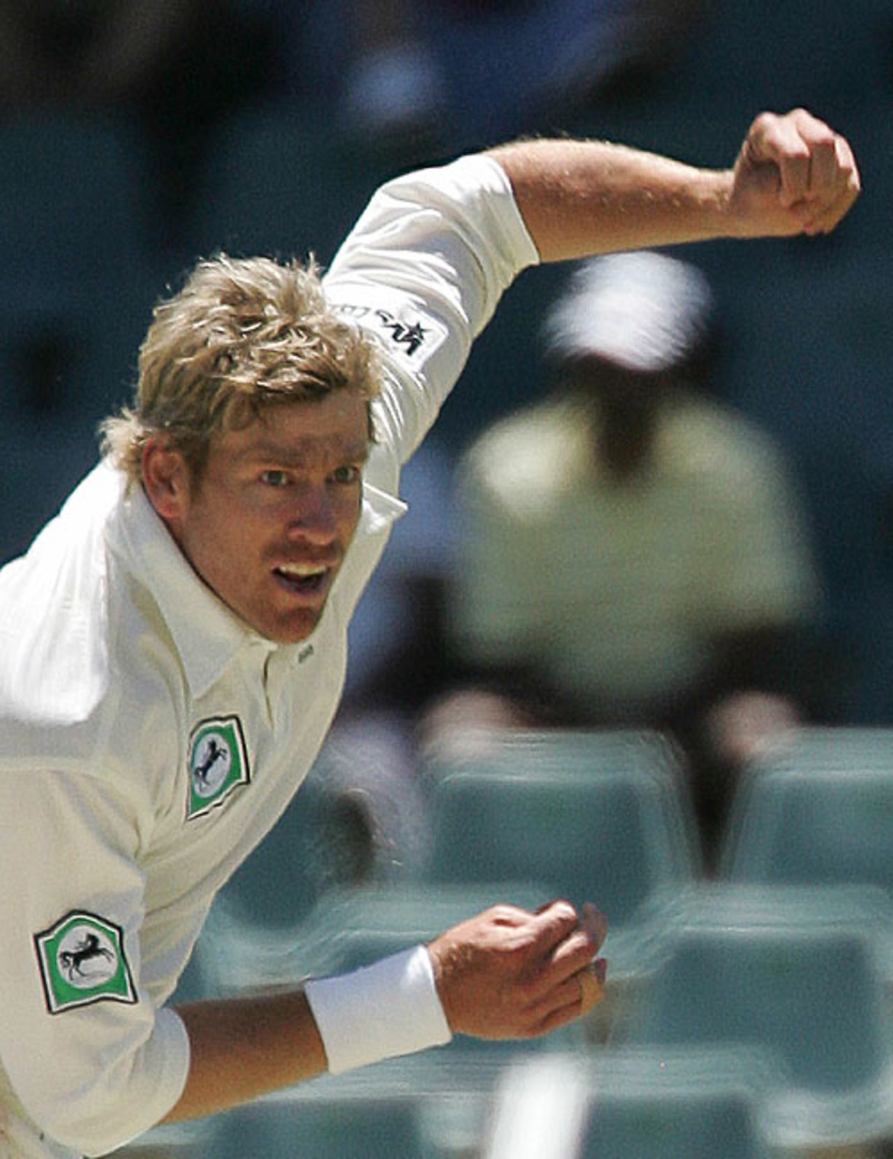A close-up of Jacob Oram in his follow-through, South Africa v New Zealand, 1st Test, Johannesburg, 3rd day, November 10, 2007
