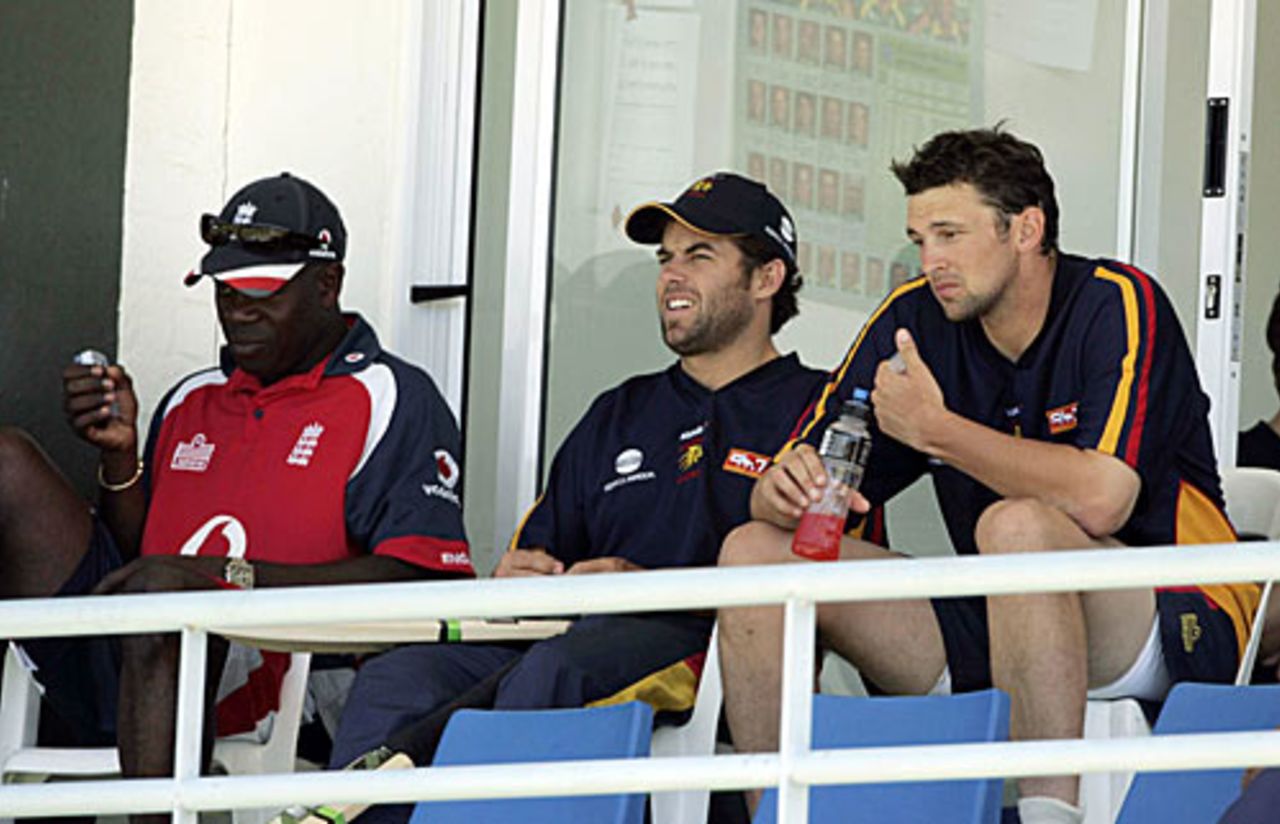 Ottis Gisbon, England's fast bowling coach, sits with Steve Harmison during his stint with the Lions in South Africa, Cape Cobras v Lions, SuperSport Series, Paarl, November 10, 2007