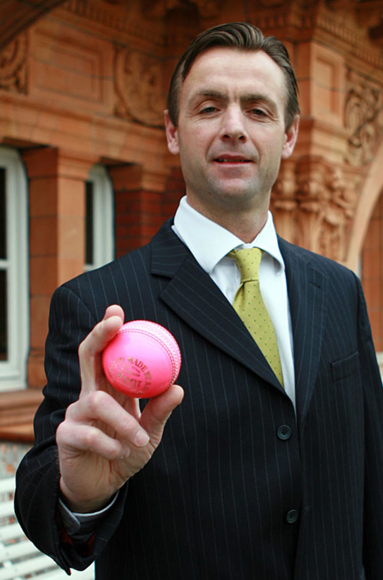 MCC head of cricket John Stephenson and a new prototype pink ball, London, November 13, 2007