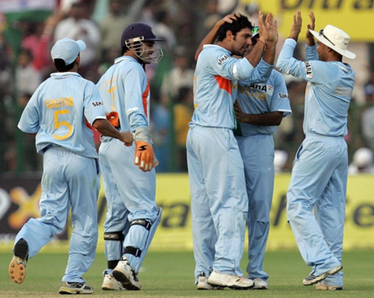 Yuvraj Singh celebrates with his team-mates after taking the crucial wicket of Younis Khan, India v Pakistan, 4th ODI, Gwalior, November 15, 2007 